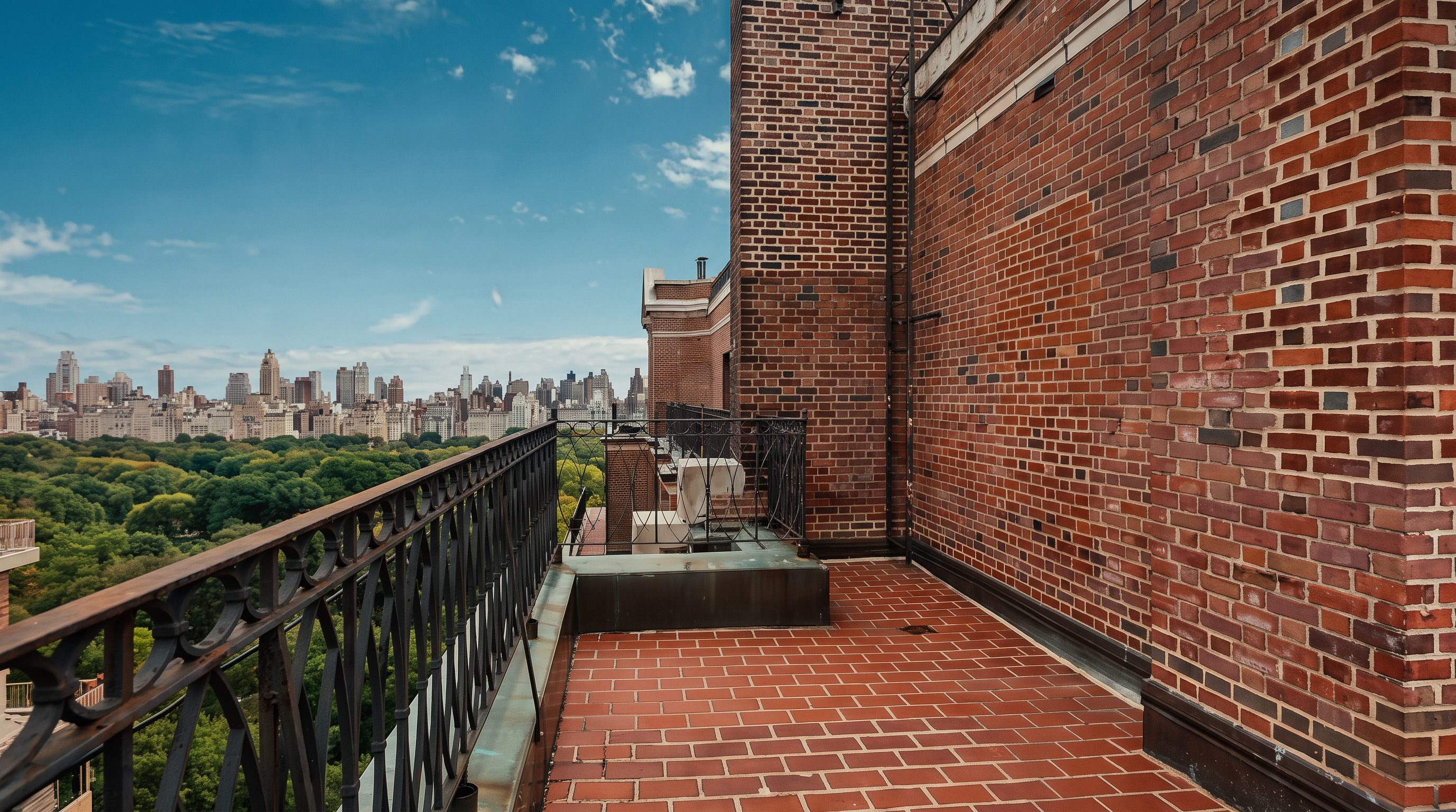 This elevated terrace offers a sweeping, panoramic view of a lush green park and the distant city skyline. The space features red brick flooring and a decorative metal railing, with a tall brick chimney structure rising along the side. The perspective captures the open-air setting, emphasizing the unique combination of urban architecture and natural scenery.