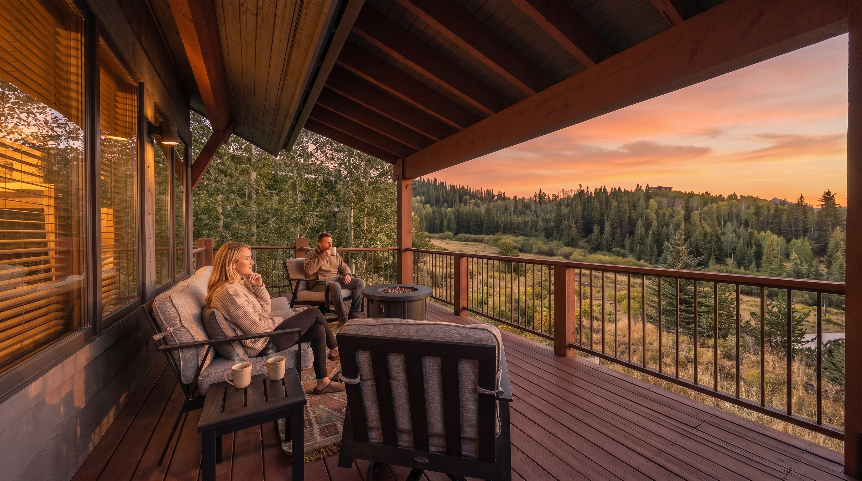 This scenic wooden deck offers a cozy, tranquil outdoor living space perfect for relaxing while taking in the expansive mountain and forest views at sunset. The area is furnished with comfortable seating, a fire pit, and a side table, emphasizing a lifestyle focused on peace, privacy, and connection with nature. Its rustic aesthetic and elevated vantage point make it a highly desirable feature for prospective homebuyers.