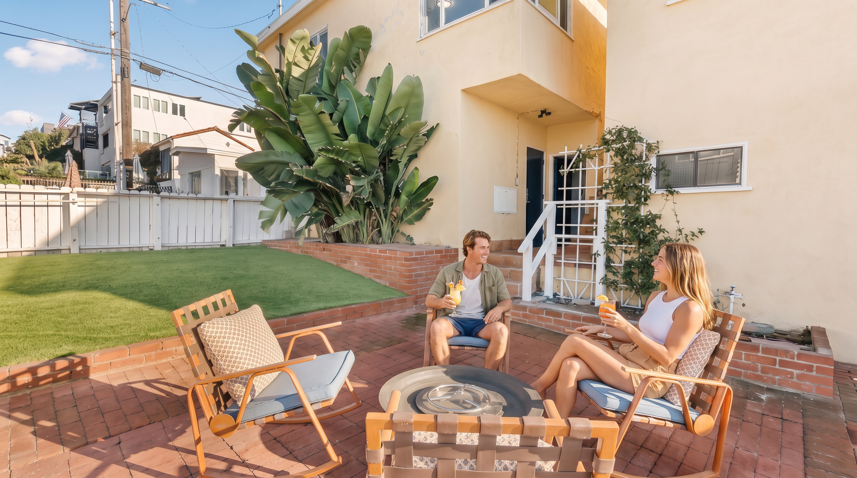 This patio space features red brick pavers and a casual outdoor seating area centered around a fire pit, perfect for entertaining. The area is framed by a low brick wall, a lush green lawn, and a large ornamental plant, creating a cozy and inviting backyard atmosphere. The light-colored exterior wall of the home and well-maintained landscaping contribute to the bright, coastal-inspired aesthetic.
