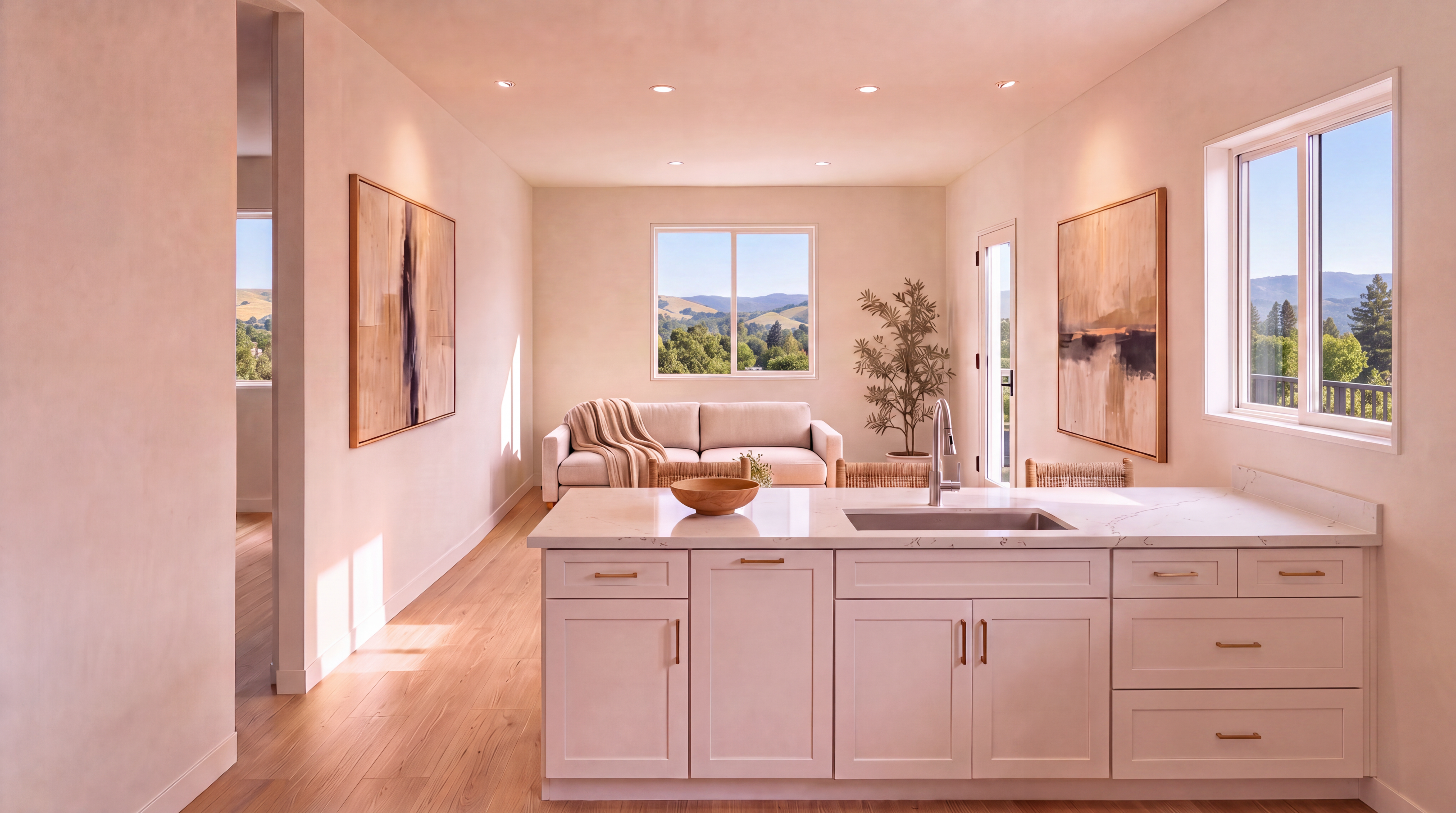 This bright and modern open-concept kitchen features a large central island with a waterfall-edge quartz countertop, sleek white cabinetry, and gold-toned hardware. The kitchen flows seamlessly into a cozy living area with a sofa, creating an airy, light-filled environment enhanced by recessed lighting and large windows with scenic mountain views. Two large, neutral abstract artworks on opposing walls complement the warm, minimalist aesthetic of the home.