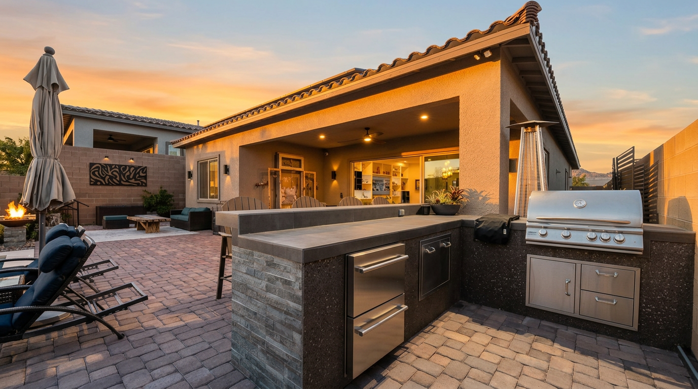 This outdoor living space features a covered patio area with a built-in kitchen, complete with a stainless steel grill, drawers, and a dark stone-textured counter. The patio is paved with interlocking bricks and extends into an open-air seating area, creating a seamless transition between indoor and outdoor living. The scene is captured at dusk, with warm ambient lighting highlighting the architectural details against a vibrant sunset sky.