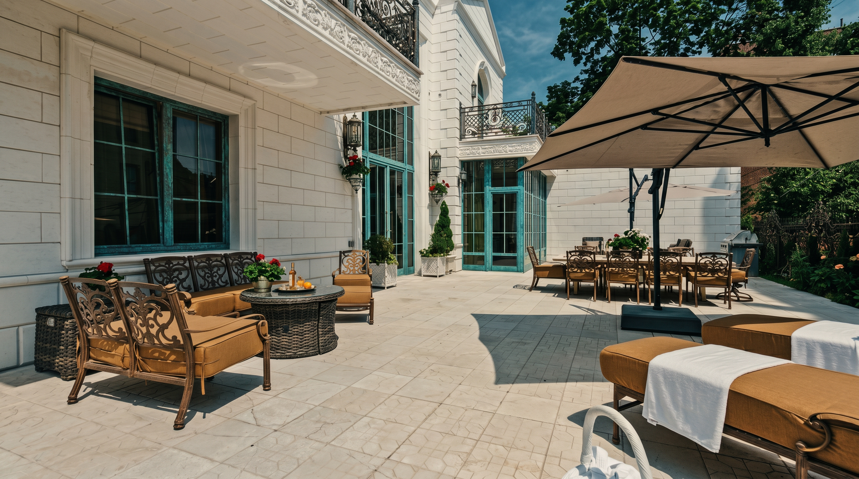 This elegant, sun-drenched stone patio offers a luxurious outdoor living space, complete with comfortable lounge seating, a dining area, and chaise lounges under a large umbrella. The scene is framed by the sophisticated white stone facade of a grand residence, featuring ornate ironwork balconies and striking teal-framed windows. The perspective is a wide-angle shot from the patio floor, capturing the seamless transition between the refined architecture and the inviting outdoor relaxation area.