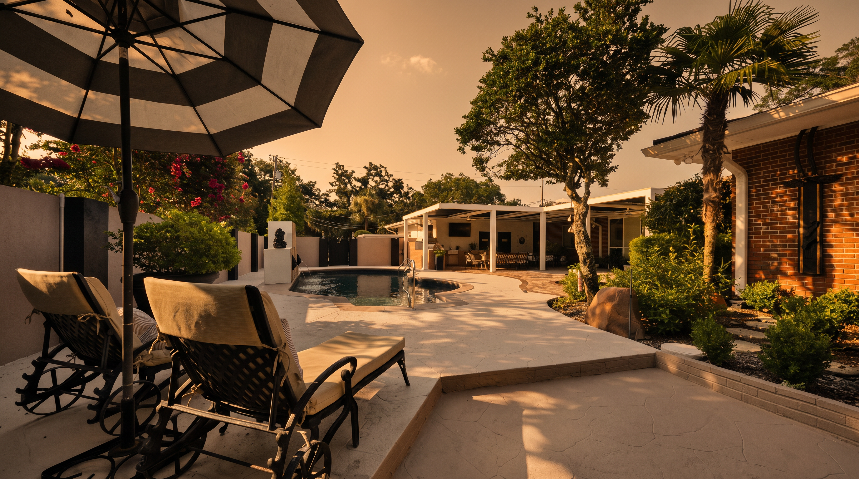 This backyard oasis features a curved swimming pool set within a spacious, light-colored concrete patio area. A covered outdoor living space with a ceiling fan and seating is visible in the background, complemented by lush landscaping, a palm tree, and a striped patio umbrella shading lounge chairs in the foreground. The scene captures a bright, sunny day, highlighting an inviting space designed for relaxation and outdoor entertaining.