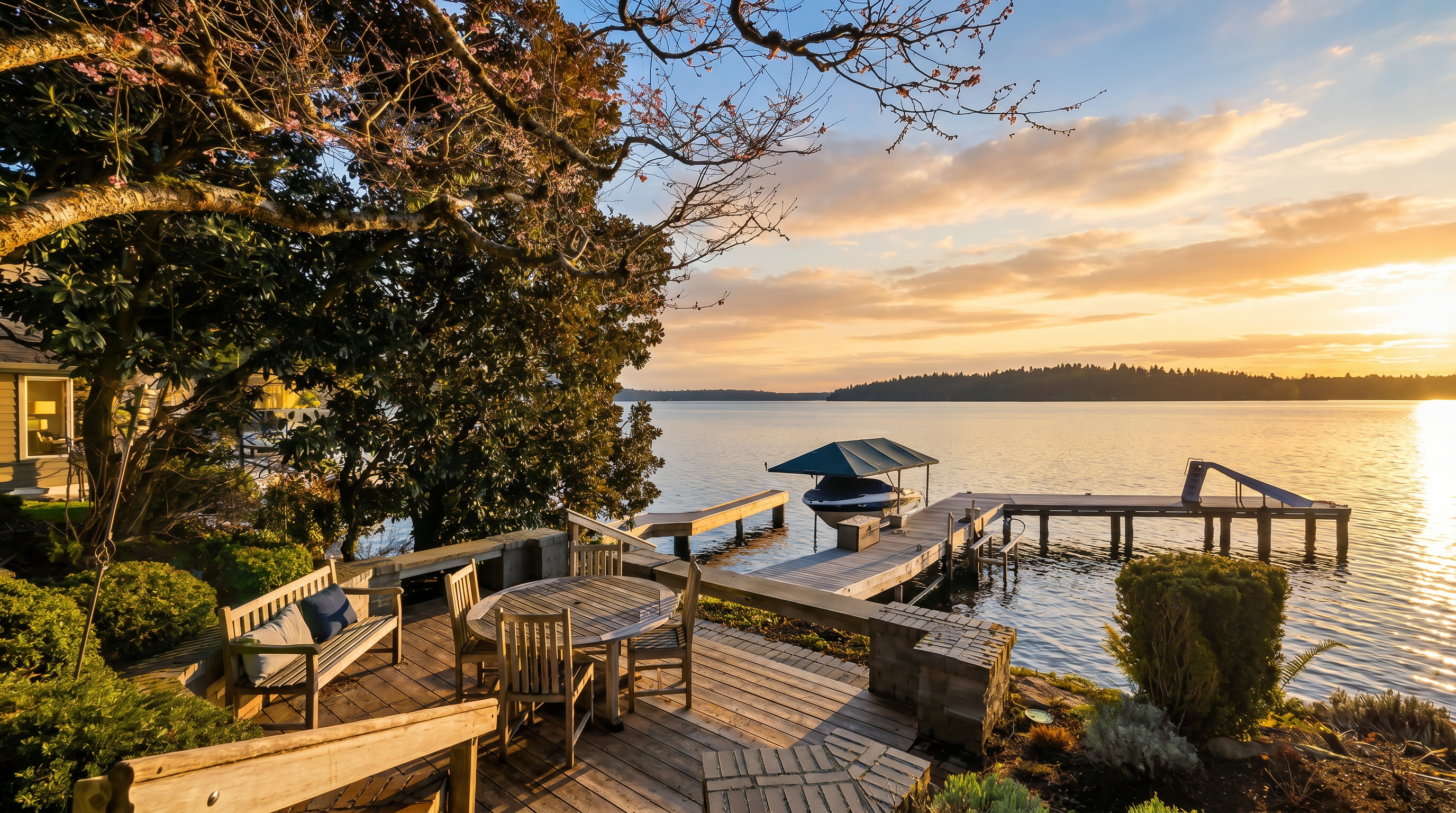 This scenic waterfront deck features a wooden dining set and bench, providing a perfect vantage point for overlooking the calm lake and private dock. The space is framed by lush trees and landscaping, creating a serene and inviting outdoor living area. The perspective captures the seamless transition from the elevated deck down to the water, emphasizing the property's prime location.