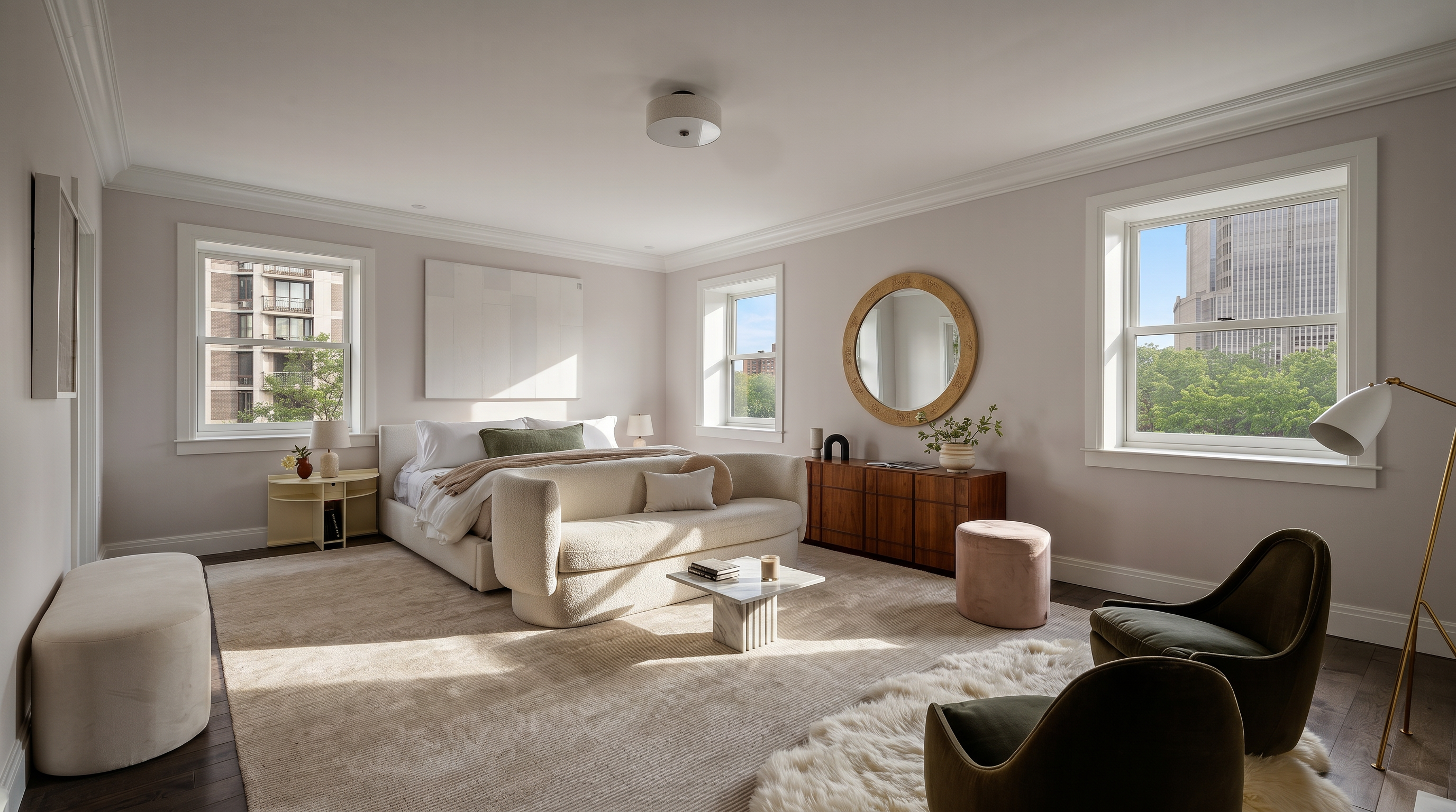 This spacious and elegant primary bedroom features a sophisticated neutral color palette, highlighted by a plush cream-colored sofa positioned at the foot of the bed. The room is anchored by a large area rug, a modern marble coffee table, and two dark olive armchairs set atop a faux fur rug, creating a cozy seating area. Large windows allow for abundant natural light and offer a pleasant view, while the overall design exudes a luxurious, contemporary aesthetic.