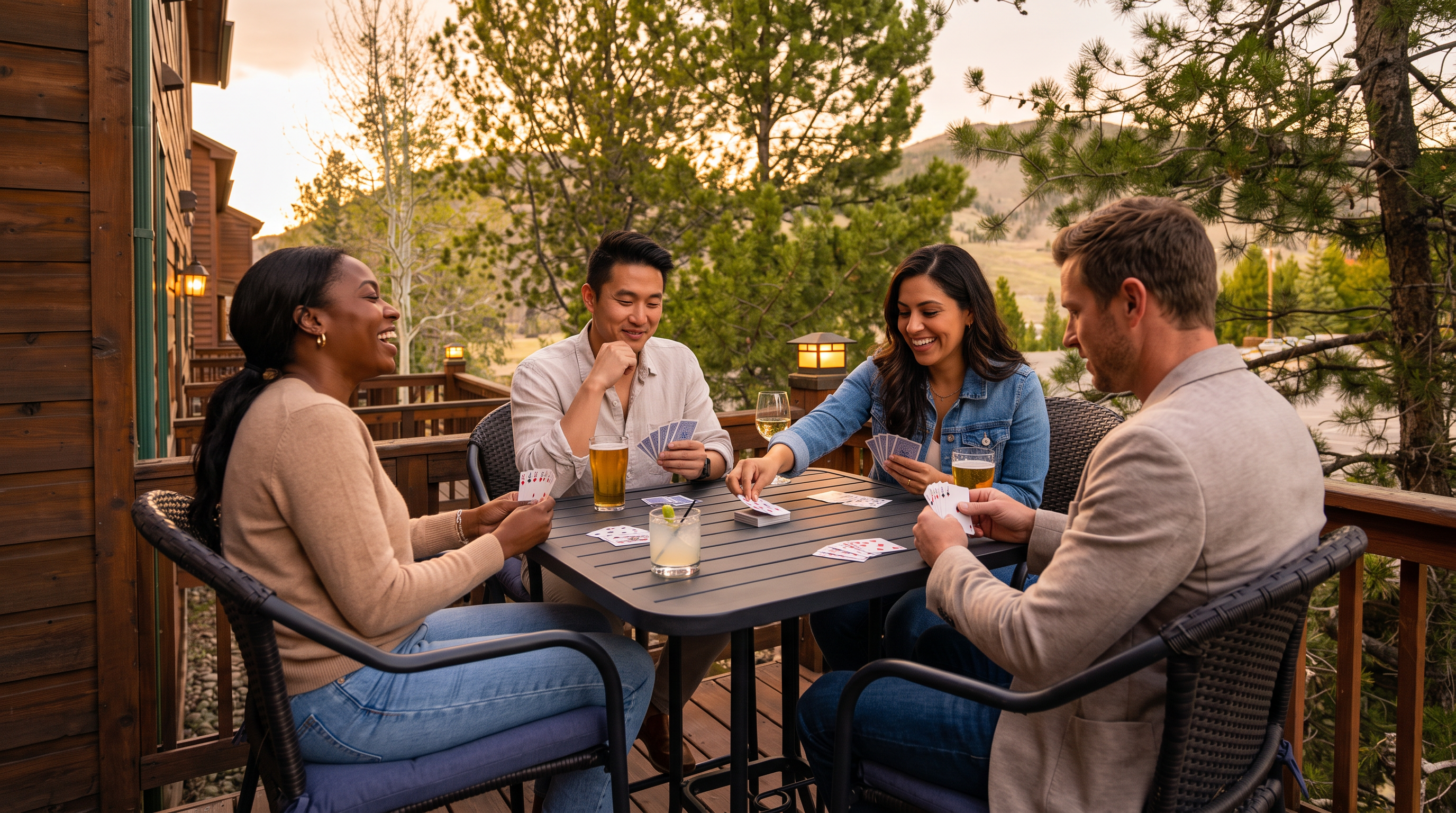 This outdoor deck features a comfortable, elevated space perfect for social gatherings, complete with a modern table and wicker seating. The area is framed by warm wooden railings and offers a serene, scenic view of surrounding trees and mountain landscapes at dusk. The inviting atmosphere is enhanced by soft, ambient outdoor lighting, making it an attractive feature for potential buyers seeking an tranquil entertaining space.