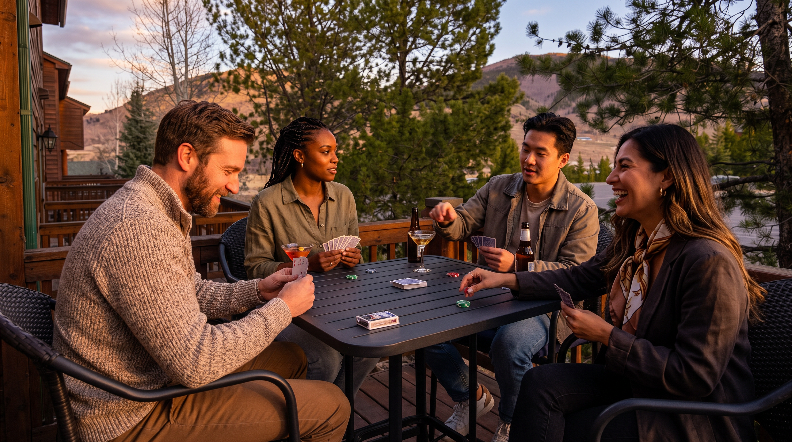 This image features a charming outdoor wooden deck, perfectly suited for social gatherings with friends. The space is equipped with a modern patio table set, overlooking a scenic natural landscape with mountains in the background during golden hour. This inviting outdoor area emphasizes the property's potential for entertaining and connection to nature.