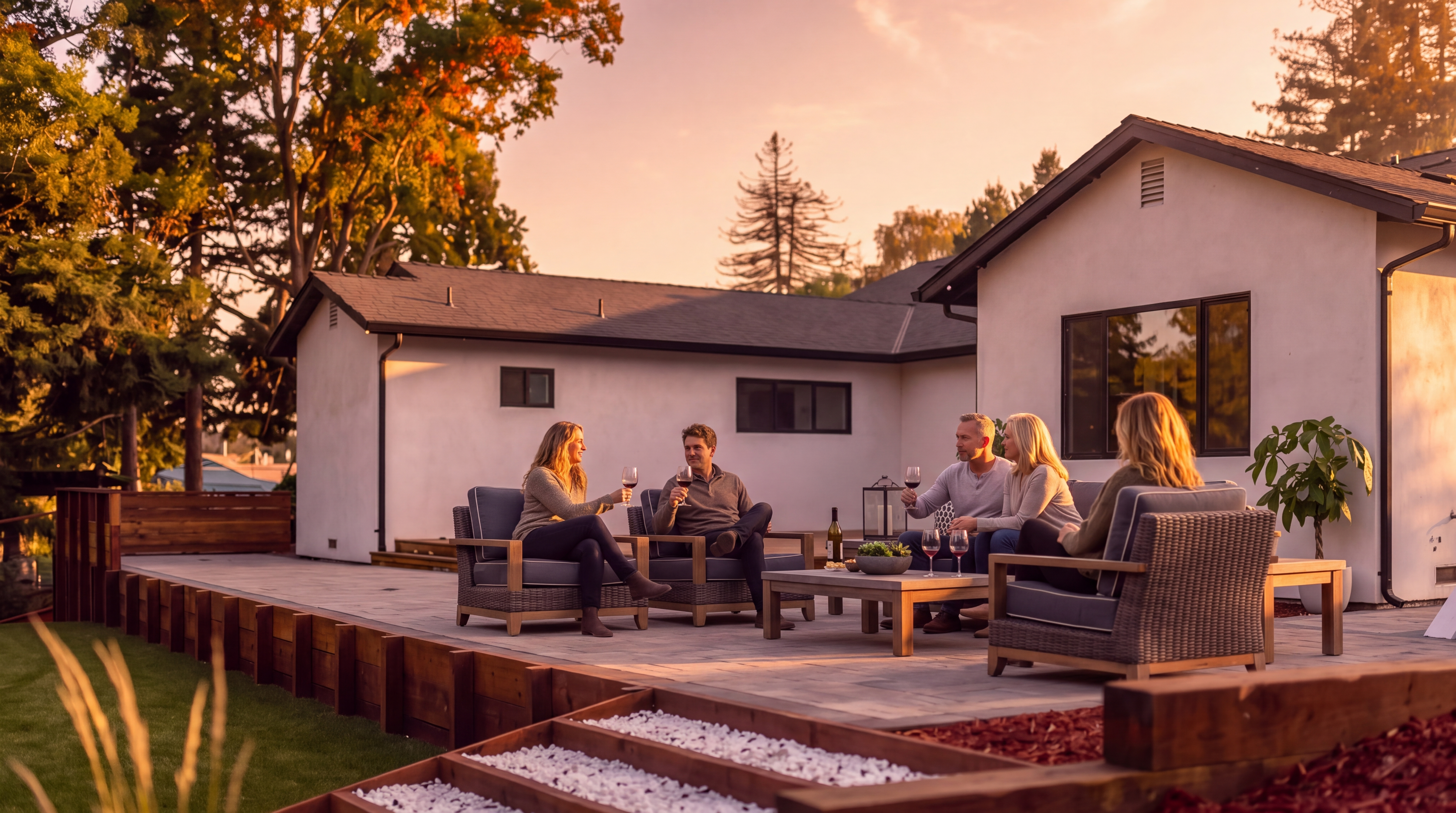This elevated rear view captures a beautifully landscaped backyard featuring a spacious paved patio area furnished with outdoor seating. The property includes a raised wooden deck, a section of artificial turf, and tiered garden beds defined by timber retaining walls and red mulch. The white-stucco home with dark trim and a neutral roofline presents a clean, modern aesthetic set against a clear blue sky.
