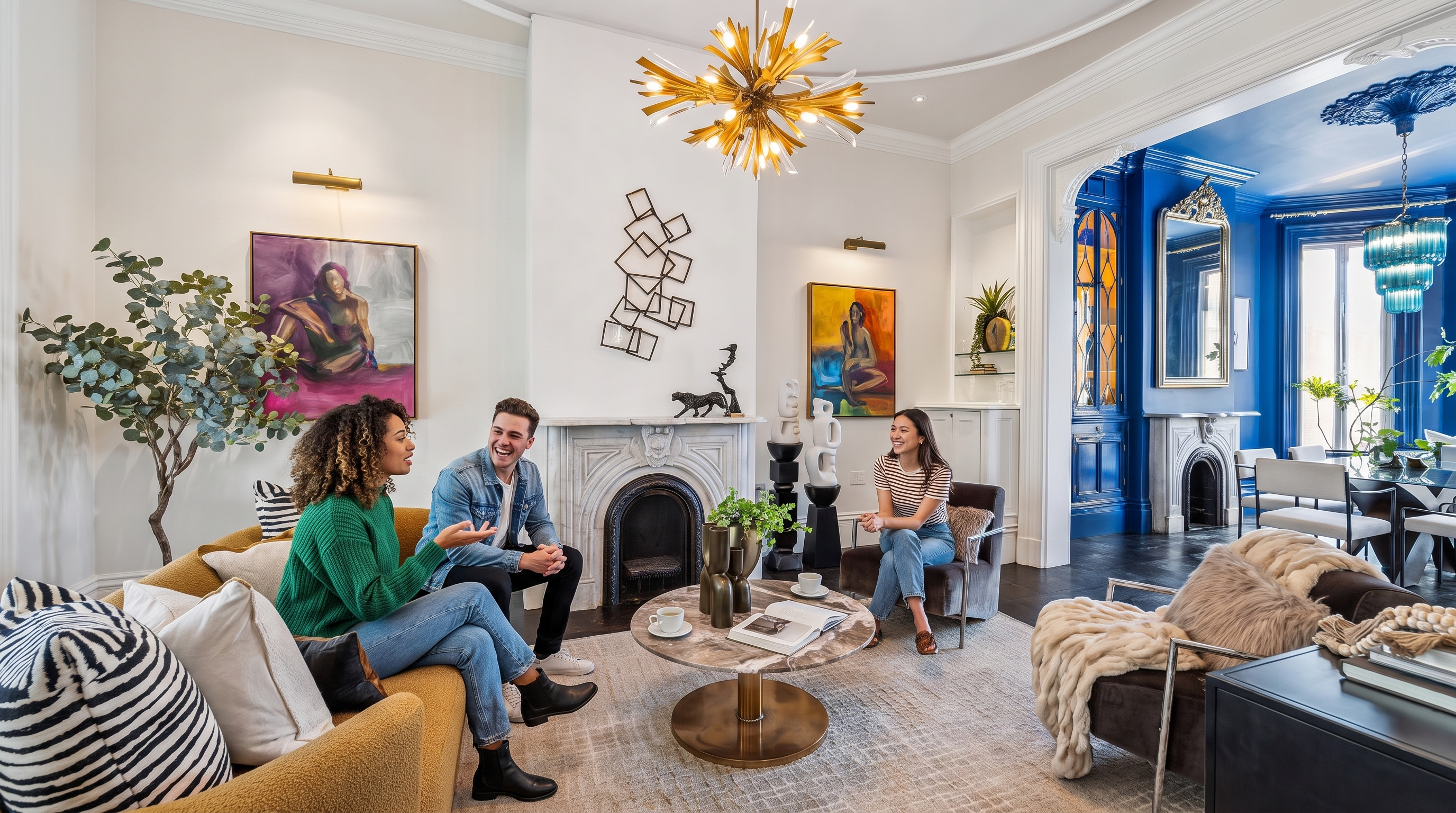This elegant living room features a sophisticated blend of classic architectural details and contemporary decor, centered around a stone fireplace with a decorative mantel. A striking gold starburst chandelier hangs above a circular stone-topped coffee table, while plush seating and a textured area rug create a cozy, inviting atmosphere. The space flows seamlessly into an adjacent dining area, which is defined by vibrant blue walls and a secondary fireplace, showcasing a high-end, curated aesthetic.