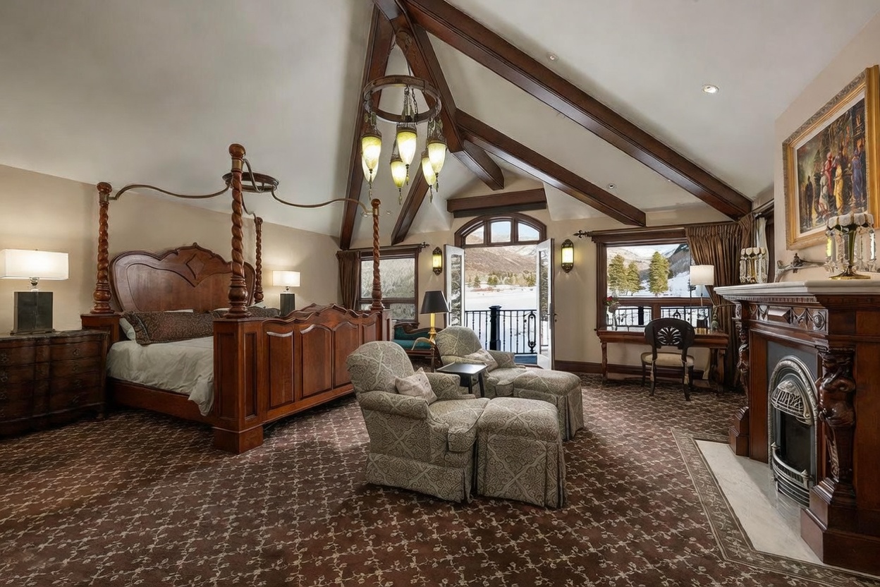 This luxurious primary bedroom features a grand four-poster wooden bed as the centerpiece, complemented by a pair of patterned armchairs and ottomans arranged near a fireplace. The room is defined by its dramatic vaulted ceiling with exposed dark wood beams and a decorative chandelier, while large glass doors provide a direct view of a snowy mountain landscape. The space is finished with patterned wall-to-wall carpeting and a traditional wood-carved fireplace mantel, creating a warm and sophisticated mountain retreat atmosphere.