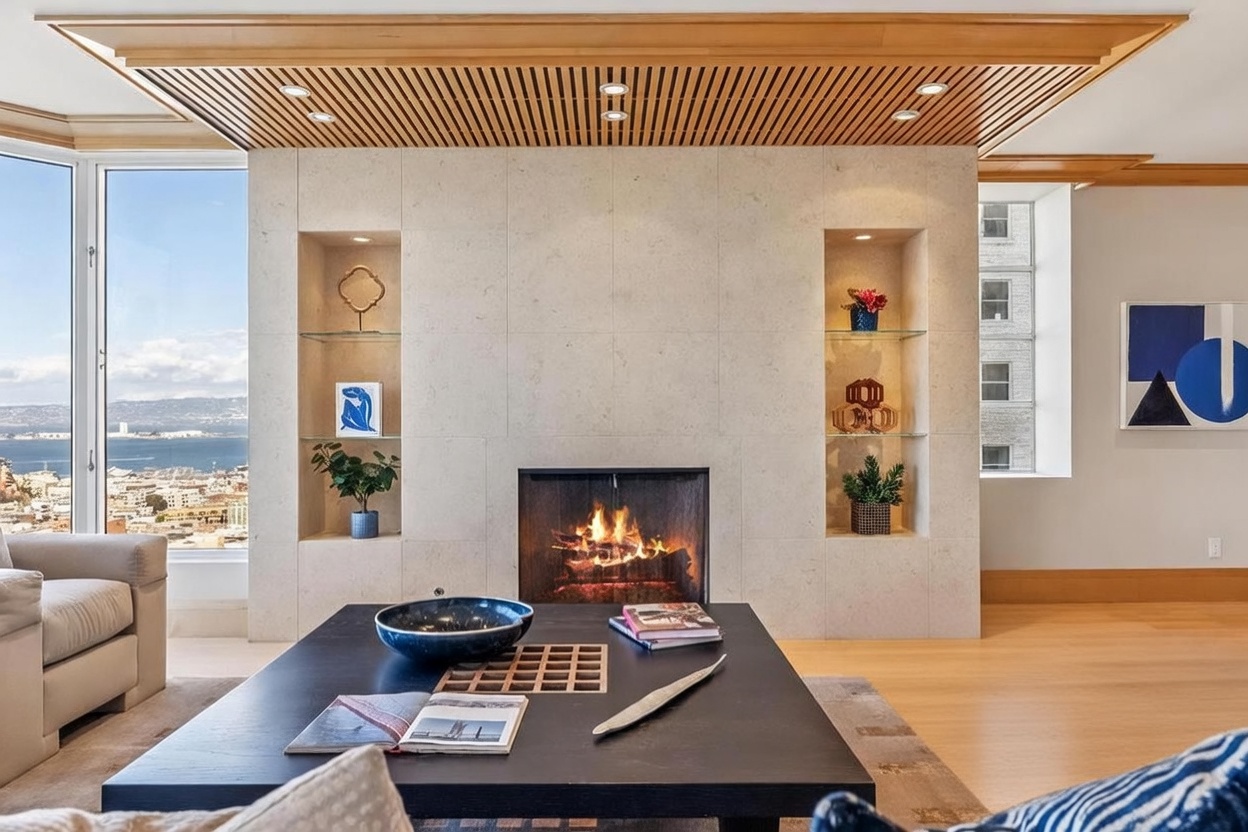This sophisticated living room features a central stone-clad chimney breast flanked by recessed shelving units, creating a symmetrical focal point. A large, dark-toned coffee table sits in the foreground, while expansive windows to the left provide a panoramic view of the city and bay. The space is defined by a slatted wood ceiling detail with integrated lighting, lending a warm and modern aesthetic to the room.
