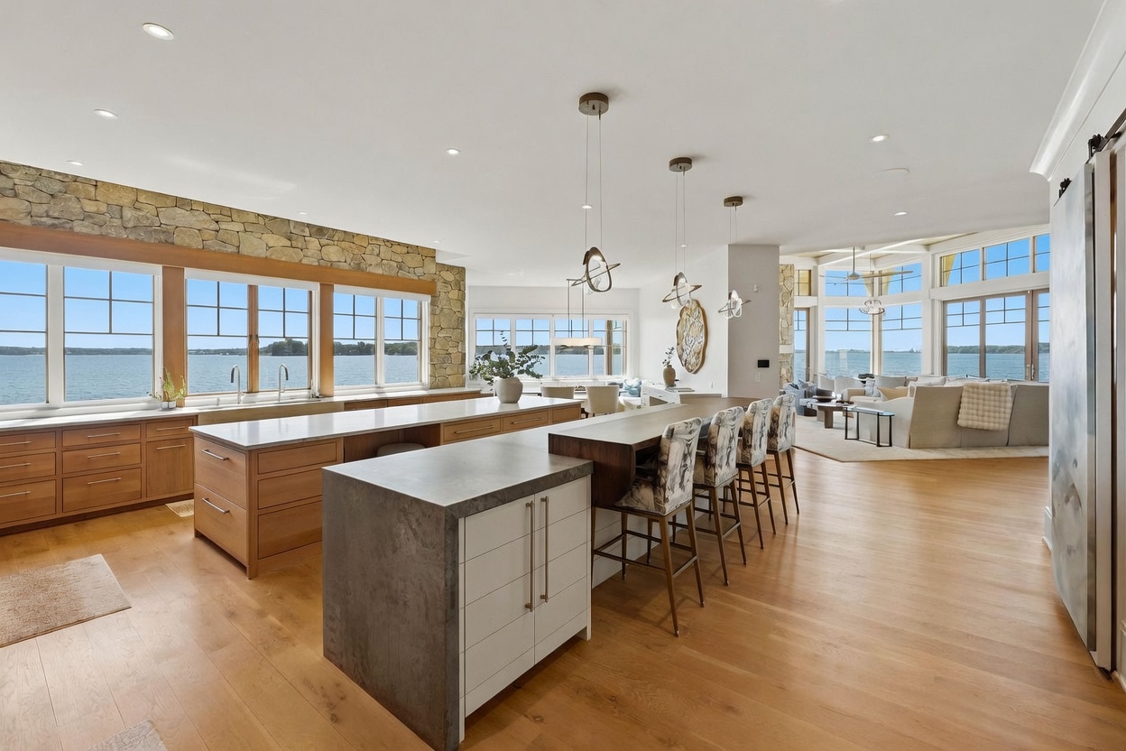 This expansive, open-concept kitchen features a large central island with a stone countertop and bar seating, complemented by light wood cabinetry and a stone-clad wall. The space flows seamlessly into a bright living area with large windows that provide panoramic views of the water. The design emphasizes a modern, airy aesthetic with recessed lighting and contemporary pendant fixtures.
