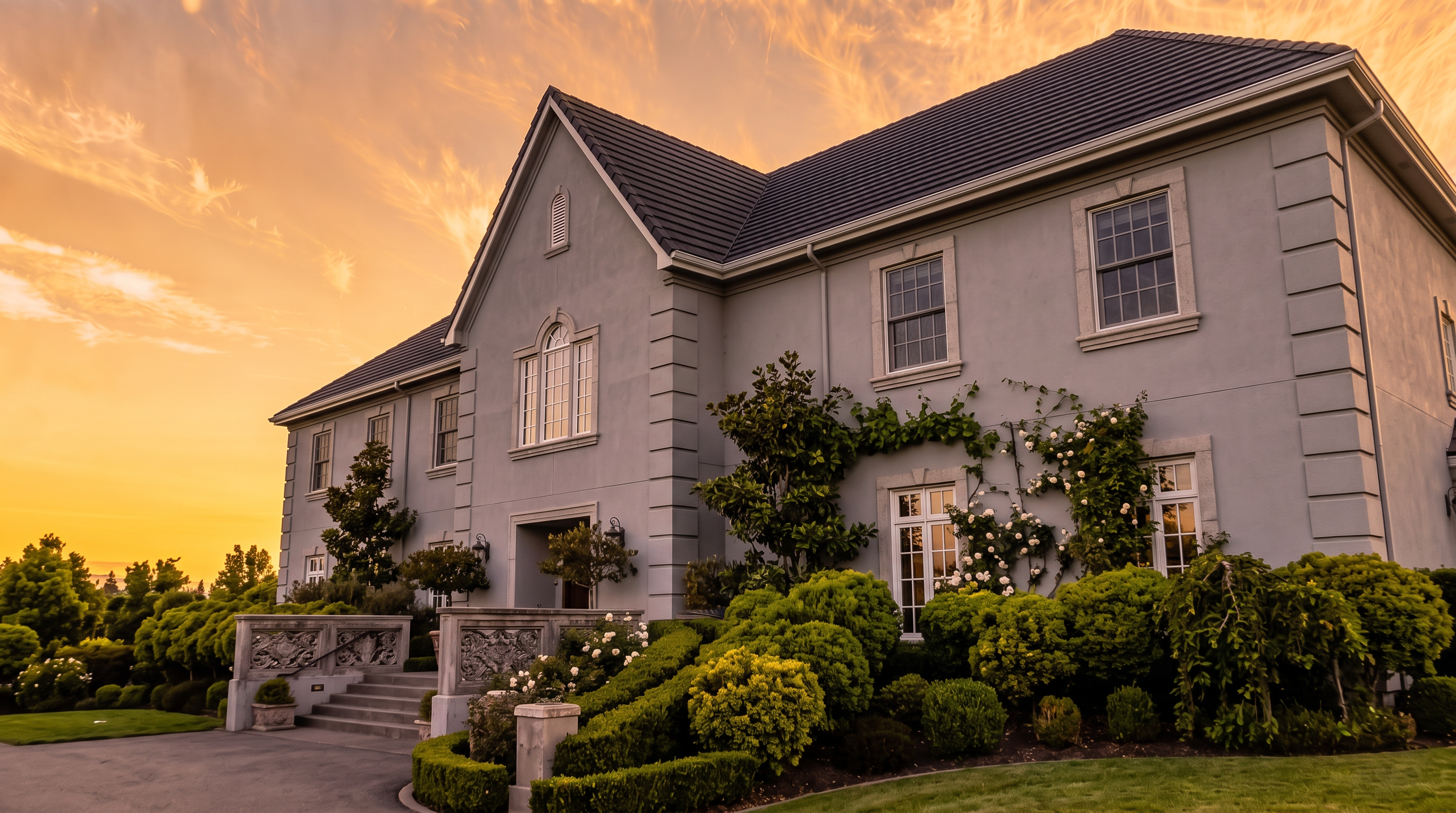 This stunning estate showcases a sophisticated, grand architectural design with smooth grey stucco walls and a classic, symmetrical facade. The property is complemented by meticulous landscaping, including manicured hedges, climbing roses, and stone architectural accents, all illuminated by a vibrant sunset sky that enhances the luxurious curb appeal.