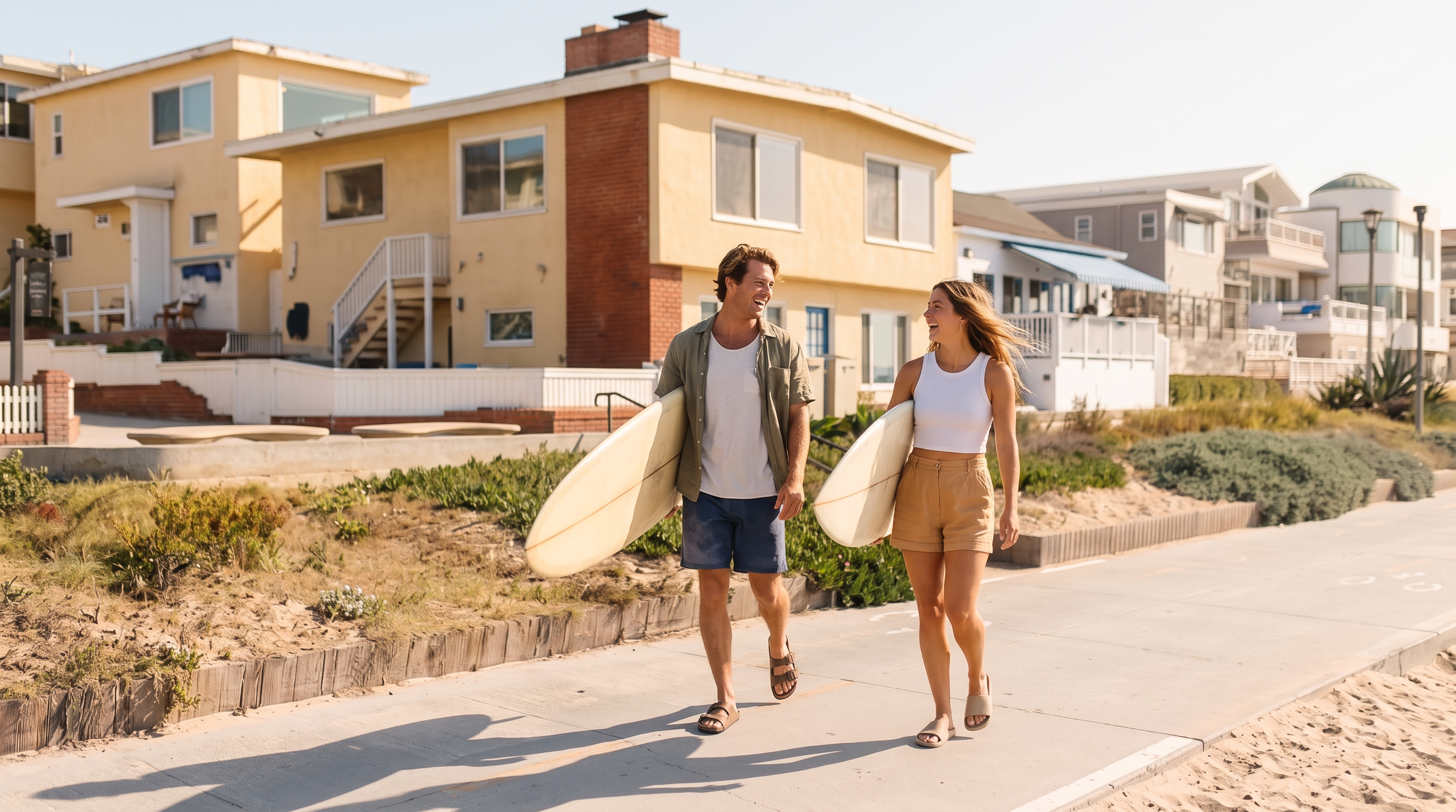 This image shows a bright yellow, multi-story beach house with traditional architecture and a brick chimney, situated along a coastal pathway. The scene features a couple walking with surfboards, highlighting the property's prime location in a relaxed, seaside community. The home displays inviting curb appeal with a prominent exterior staircase and clear beachfront visibility.