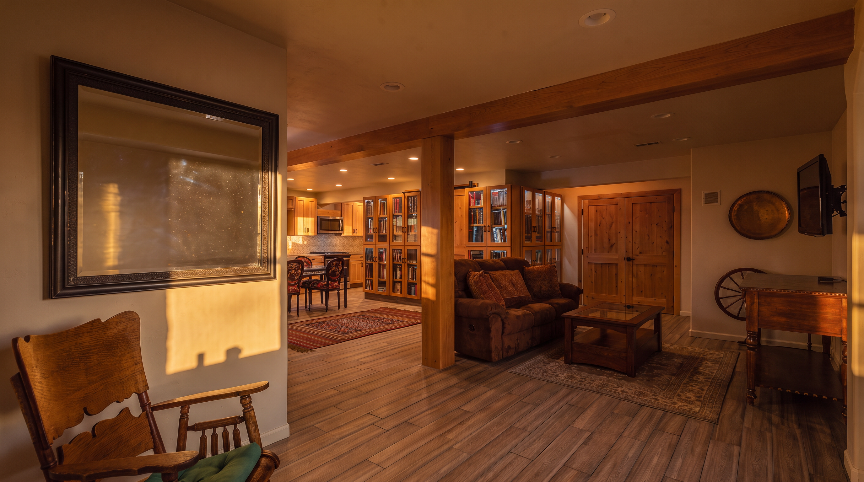 This spacious, finished basement features an open-concept layout that seamlessly connects a cozy living area with a functional kitchenette and dining space. The interior highlights rustic design elements, including natural wood support beams, built-in shelving, and light-toned wood-look flooring. With a comfortable sitting area and vintage-inspired decor, this versatile space offers a warm and inviting atmosphere ideal for relaxation or entertaining.