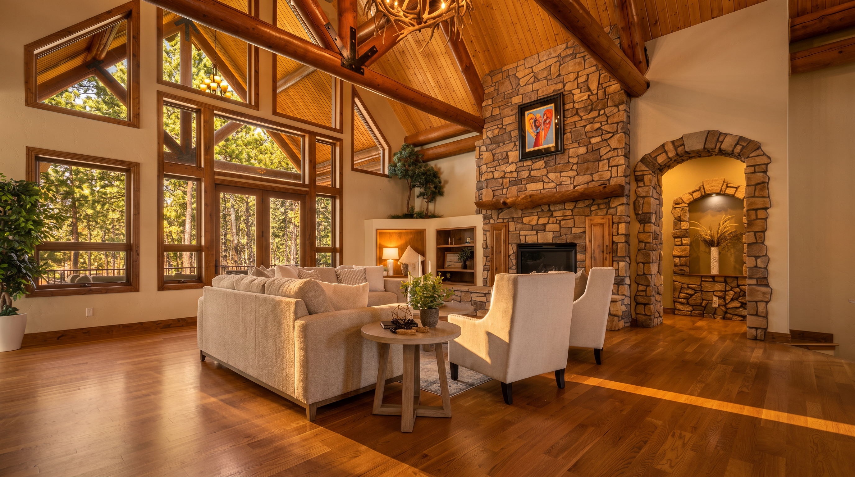 This spacious living room features a vaulted ceiling with exposed timber beams and a prominent stone-clad chimney breast that serves as the room's focal point. The area is furnished with a large, light-toned sectional sofa and two matching armchairs, all arranged around a central coffee table on a hardwood floor. Tall windows allow for abundant natural light and provide a scenic view of the surrounding forest, creating an airy and rustic atmosphere.