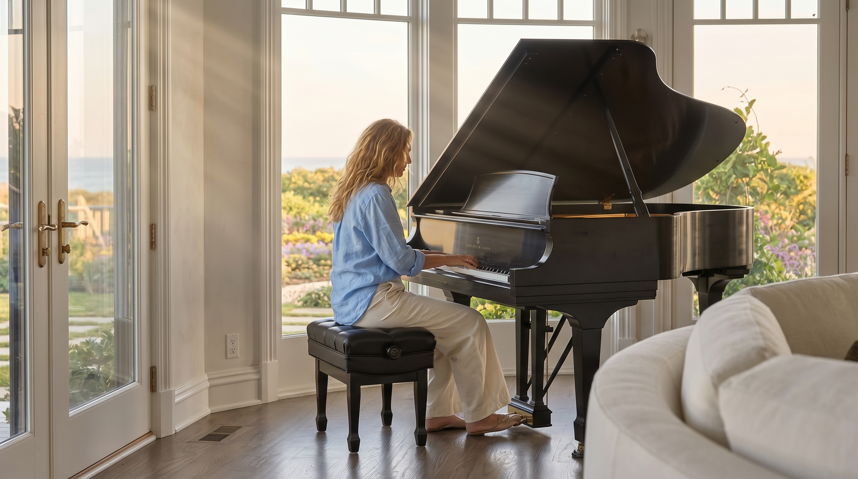 This spacious living room features a large, curved white sectional sofa that anchors the seating area, facing a fireplace with a traditional mantel and a wall-mounted television. To the left, a grand piano sits near a wall of large windows that provide an expansive view of the lush, colorful garden and the ocean beyond. The room is finished with light wood flooring and a neutral color palette, creating an airy and sophisticated atmosphere.