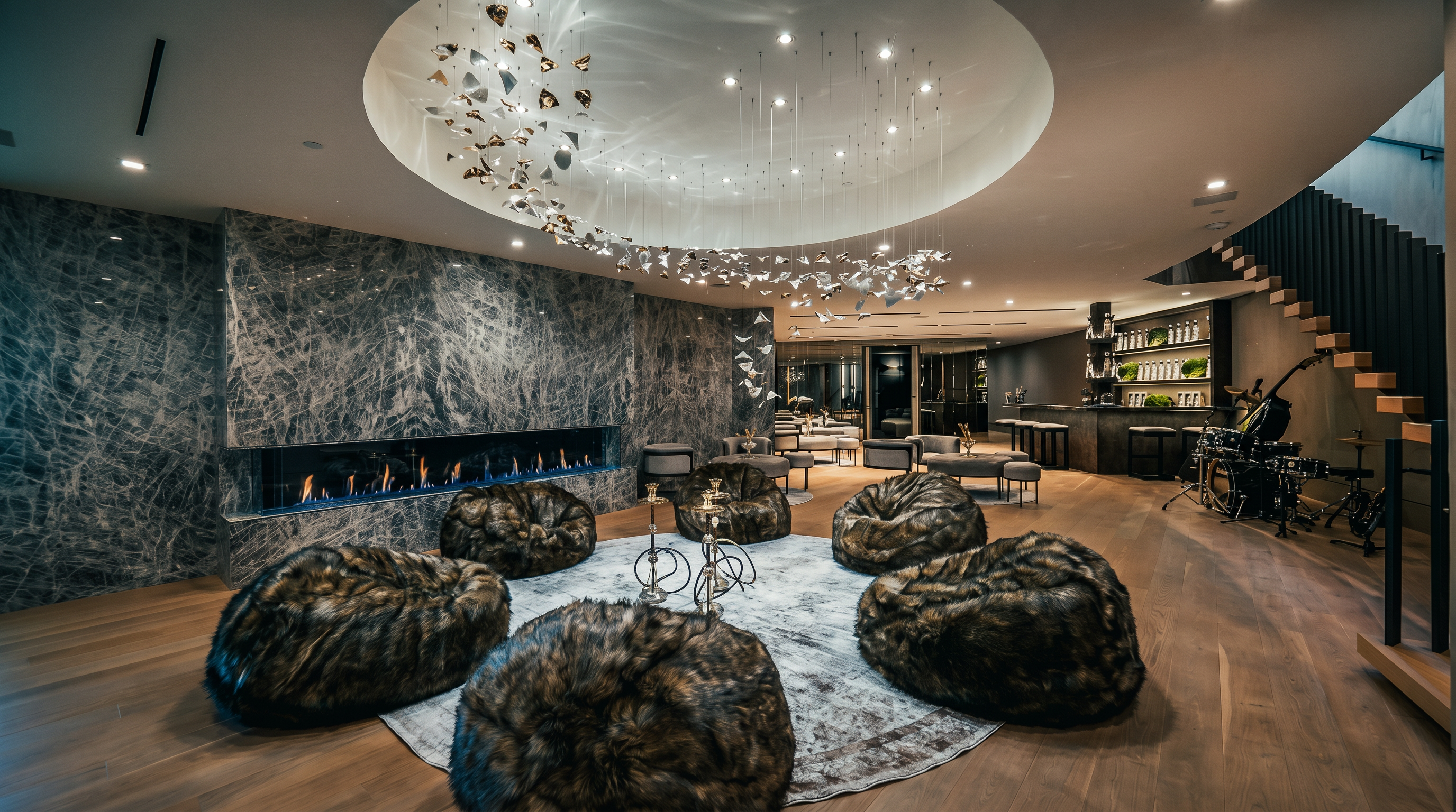 This expansive, ultra-modern living area features a dramatic circular recessed ceiling with a cascading crystal chandelier and a striking floor-to-ceiling grey marble fireplace. The room is furnished with plush, faux-fur beanbag chairs arranged on a circular rug, creating a luxurious yet relaxed lounge atmosphere. To the right, a sleek bar area and a staircase with modern railings complete the sophisticated, open-concept design.