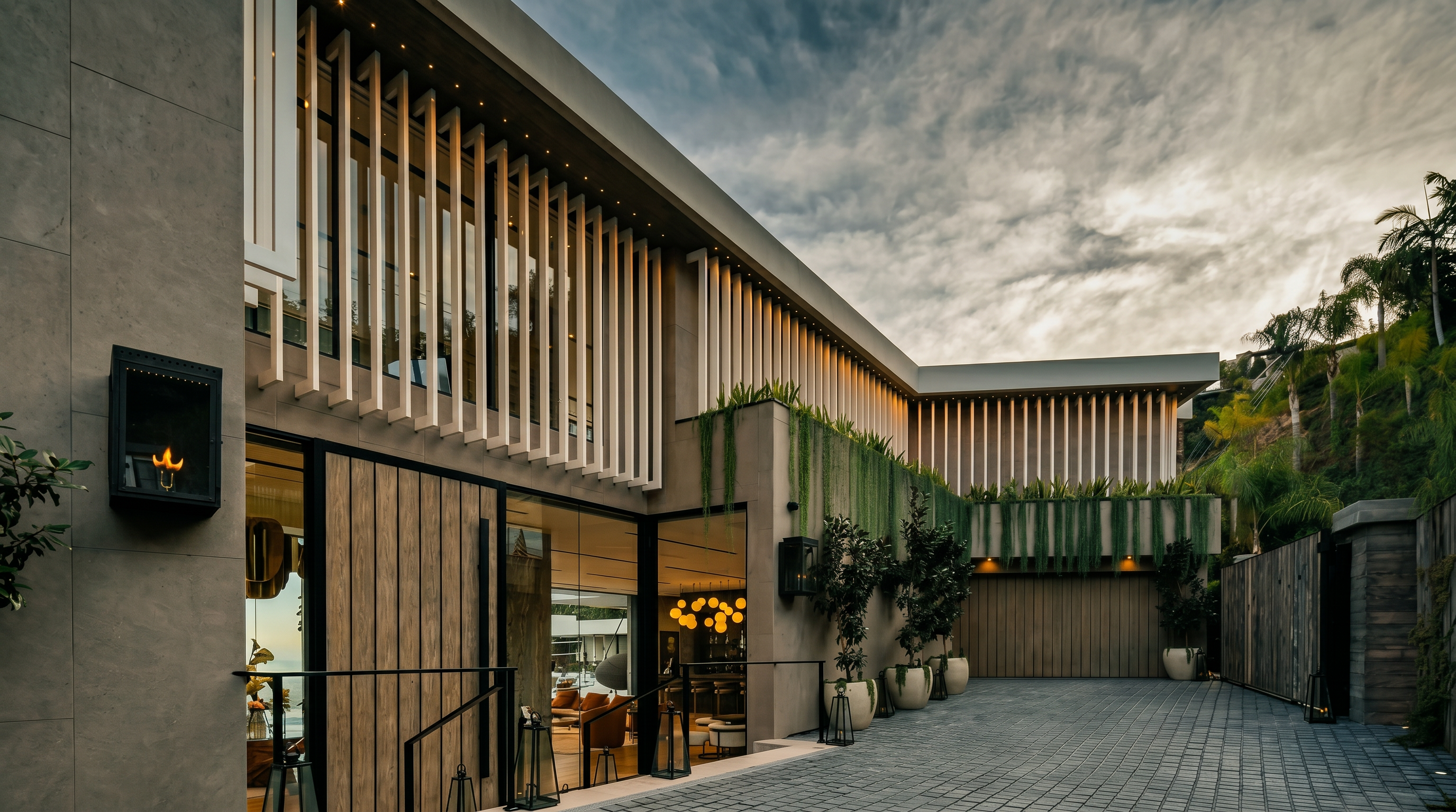 This striking modern architectural entryway features a sophisticated blend of concrete, vertical wood slats, and expansive glass panels. The paved motor court leads to a grand entrance, accented by lush greenery, elegant wall-mounted lanterns, and a warm, inviting glow from the interior. The perspective captures the home's clean lines and luxurious, contemporary aesthetic, emphasizing its high-end curb appeal.