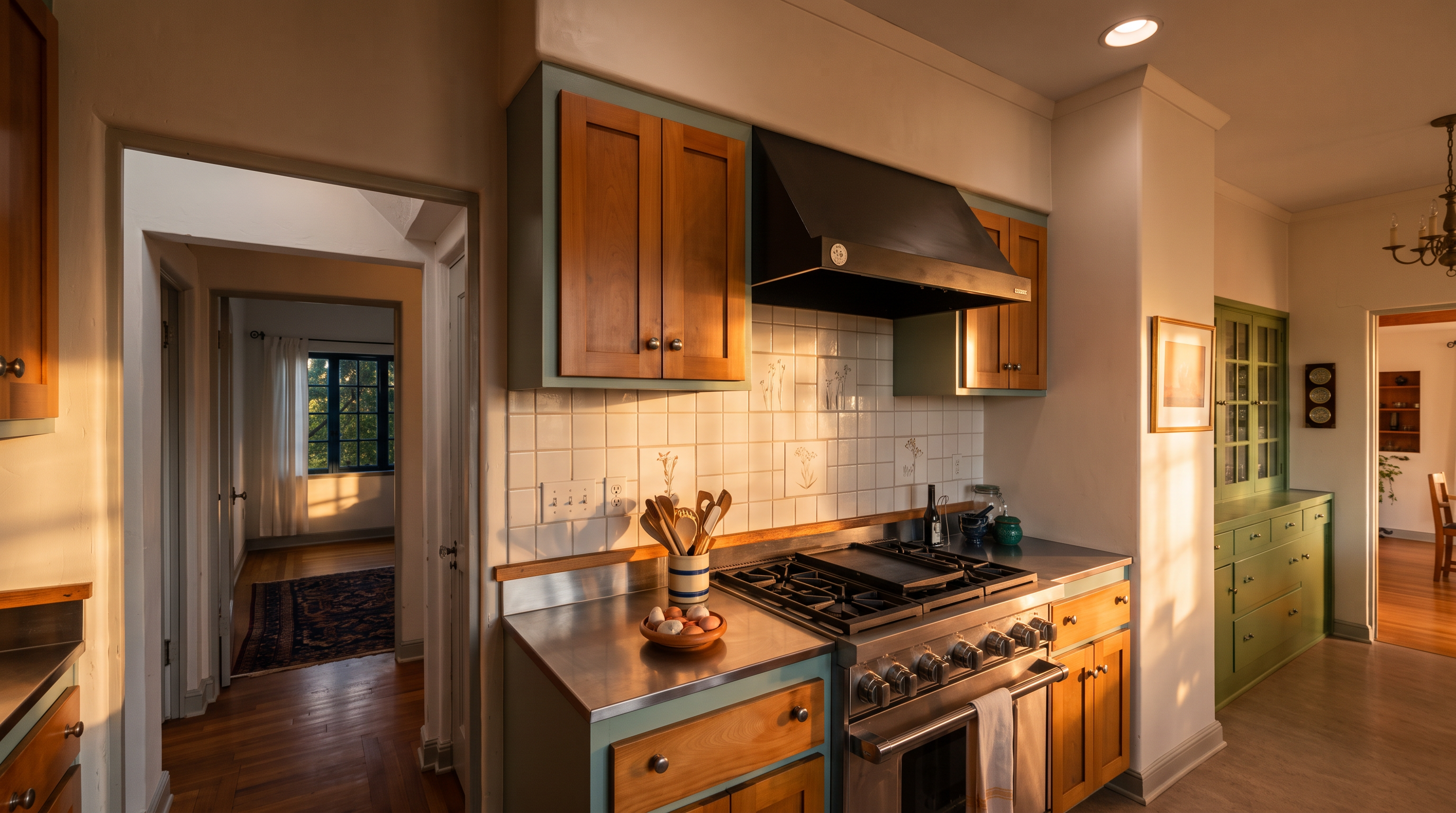 This kitchen features a unique blend of light wood cabinetry with teal-painted frames and stainless steel countertops. A professional-style gas range with a matching stainless steel hood serves as the focal point, set against a white tiled backsplash with subtle floral accents. The perspective looks from the kitchen workspace toward an adjacent hallway, highlighting the home's open flow and warm hardwood flooring.