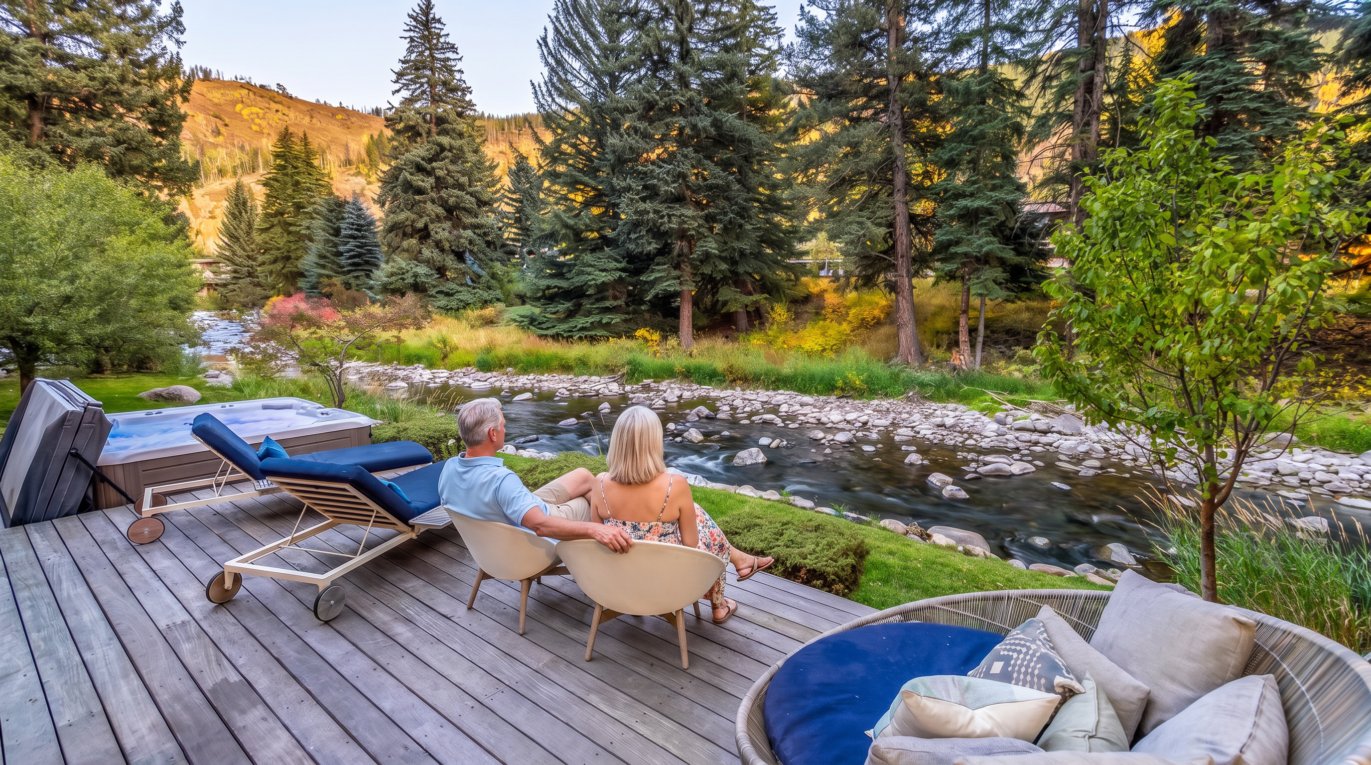 This expansive wooden deck offers a serene outdoor living space overlooking a rushing mountain stream and dense forest. The area is furnished with two blue lounge chairs, a pair of modern white chairs, and a large circular daybed, complemented by a private hot tub on the side. The scene captures a tranquil, high-end mountain retreat atmosphere with a picturesque natural backdrop.