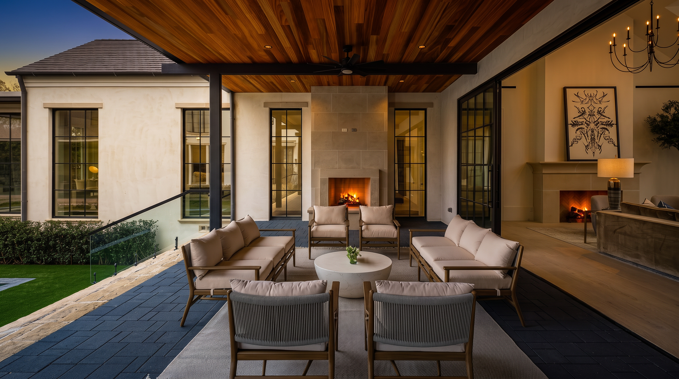 This sophisticated covered patio features a warm wood-paneled ceiling and a central stone-clad chimney breast with a built-in fireplace. The space is furnished with two light-toned sofas and four matching chairs arranged around a circular stone coffee table on a textured area rug. Large glass sliding doors seamlessly connect the outdoor living area to the interior, creating an expansive and airy transition between spaces.