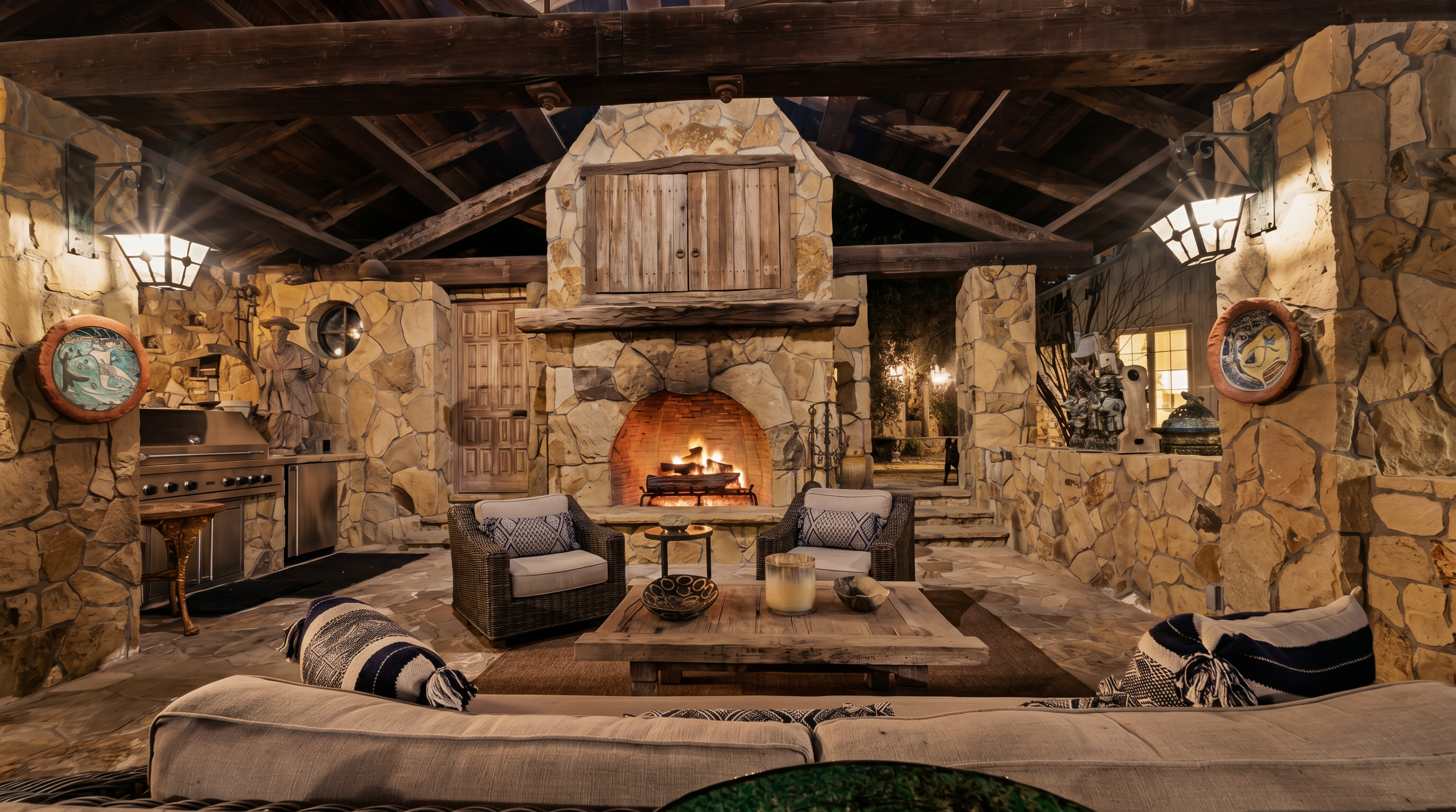 This luxurious outdoor living space features a rustic, open-air design with exposed wooden beams and a grand stone fireplace as the central focal point. The area is furnished with comfortable wicker seating and a large wooden coffee table, complemented by a built-in outdoor kitchen setup to the left. The warm, ambient lighting and natural stone textures create an inviting, sophisticated atmosphere perfect for evening relaxation.