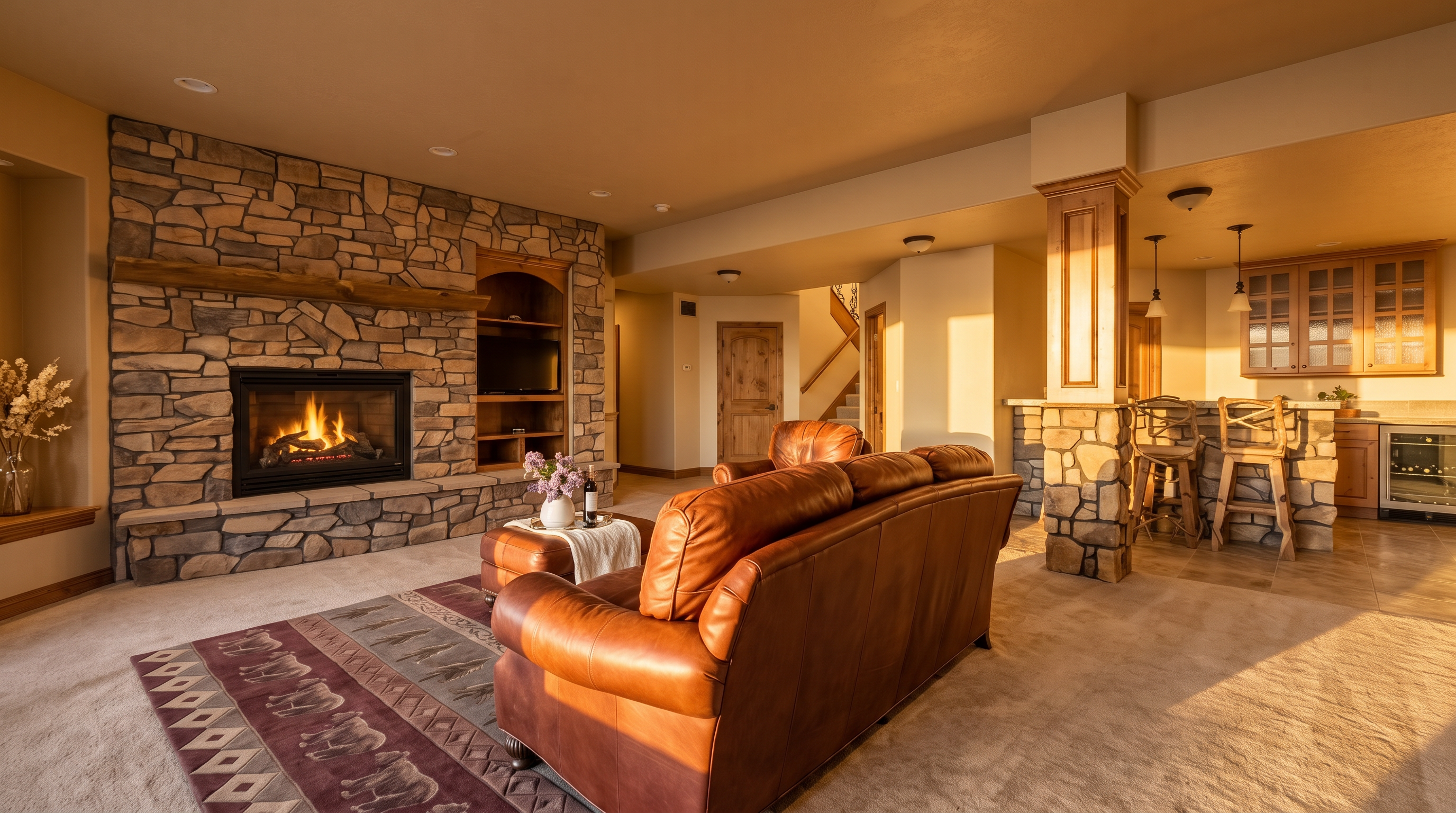 This spacious basement living area features a prominent stone-clad chimney breast with a built-in fireplace and adjacent shelving. A rich, leather sofa and matching ottoman sit atop a patterned area rug, while a stone-accented bar area with wooden cabinetry and stools provides a dedicated space for entertaining. The open-concept layout includes recessed lighting and a neutral color palette, creating a warm and inviting atmosphere.