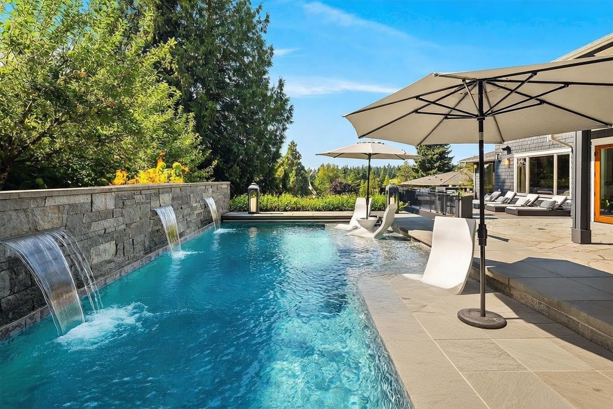 This luxurious outdoor space features a modern swimming pool with integrated water features cascading from a stacked-stone wall. The pool deck is paved with large stone tiles and includes white lounge chairs positioned in the shallow end, complemented by large umbrellas for shade. The setting is framed by lush green trees and a clear blue sky, creating a serene and high-end resort-like atmosphere.