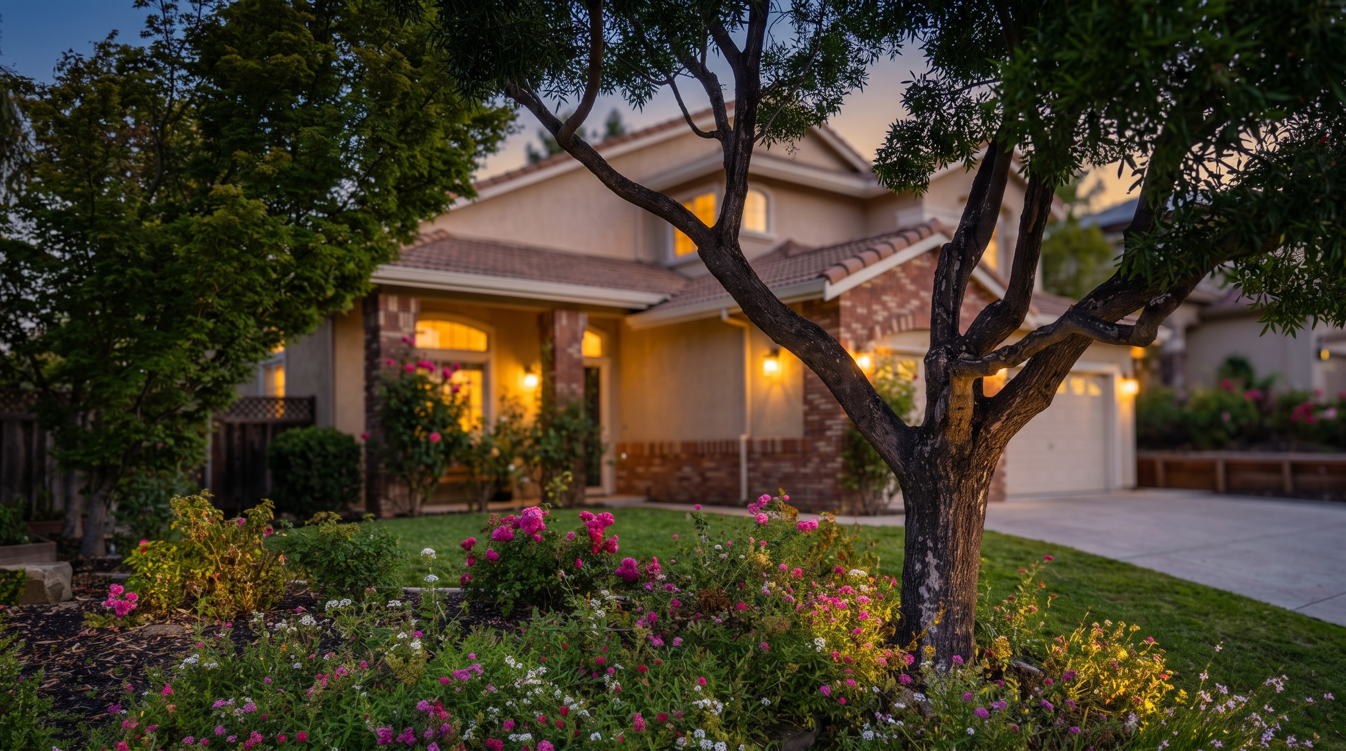 This charming two-story suburban home features a warm, stucco facade accented with brick detailing around the entryway and garage. A lush front yard is filled with vibrant pink roses and mature trees, creating a welcoming and well-maintained curb appeal. The perspective captures the home from the street level, highlighting the inviting entrance and the spacious driveway leading to the garage.