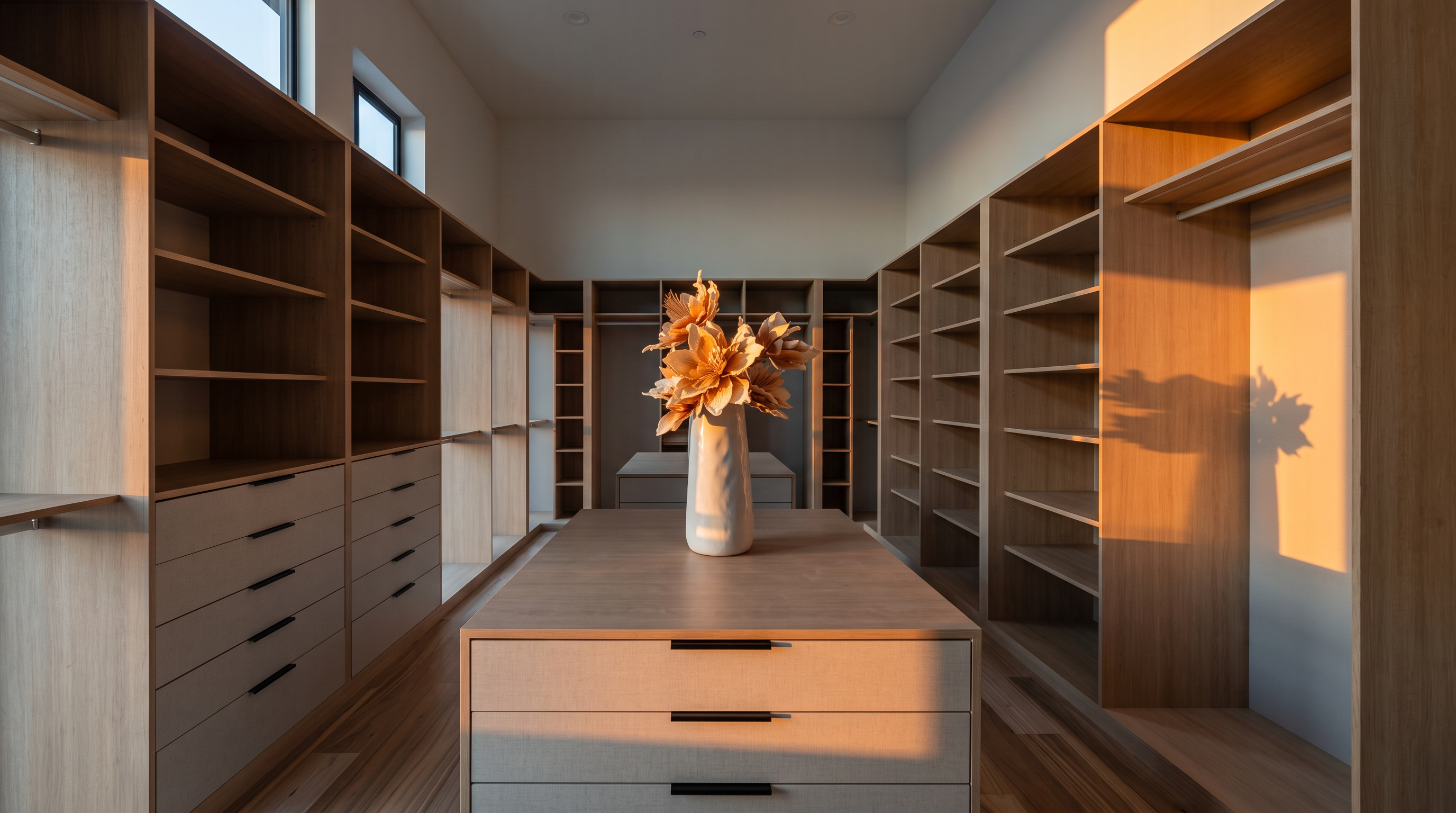 This spacious walk-in closet features extensive light wood shelving and cabinetry, providing ample storage for clothing and accessories. A central island with drawers offers additional organization, topped with a decorative vase of flowers. The room is illuminated by recessed lighting, creating a bright, organized, and luxurious atmosphere.