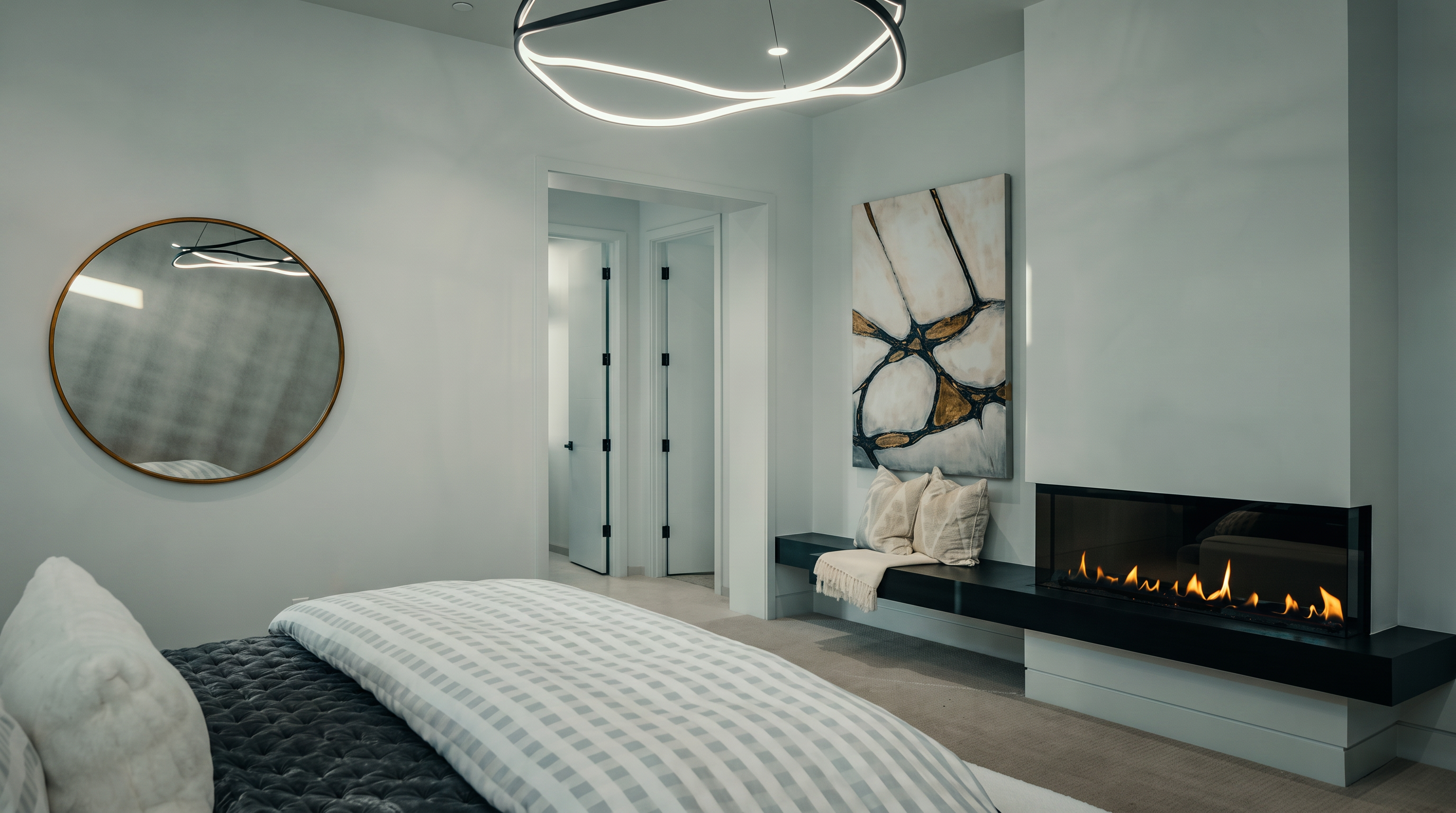 This modern primary bedroom features a minimalist aesthetic with a prominent linear fireplace set into a dark, floating hearth. A large, abstract piece of art hangs above the fireplace, while a circular mirror and a contemporary, sculptural light fixture add sophisticated design elements. The room is anchored by a bed with a textured gray quilt and a white-and-gray patterned throw, creating a serene and luxurious atmosphere.