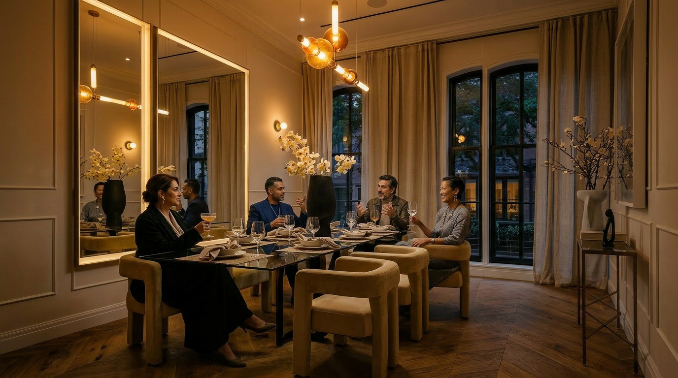 This elegant dining room features a sophisticated, neutral color palette with light herringbone wood flooring and floor-to-ceiling curtains. A sleek glass-top dining table is surrounded by modern, sculptural upholstered chairs, all illuminated by a striking, multi-tiered contemporary chandelier. A large, framed mirror on the wall enhances the sense of space, while a minimalist side table and floral arrangements add refined, artistic touches to the room.