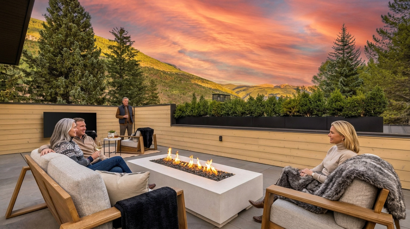 This elevated outdoor terrace features a contemporary fire pit as its centerpiece, surrounded by comfortable lounge seating with plush cushions and textured throws. The space is enclosed by light wood-paneled walls and a built-in planter box filled with greenery, offering a private setting with expansive mountain views in the background. The clean lines and neutral color palette create a sophisticated, relaxing atmosphere perfect for mountain living.