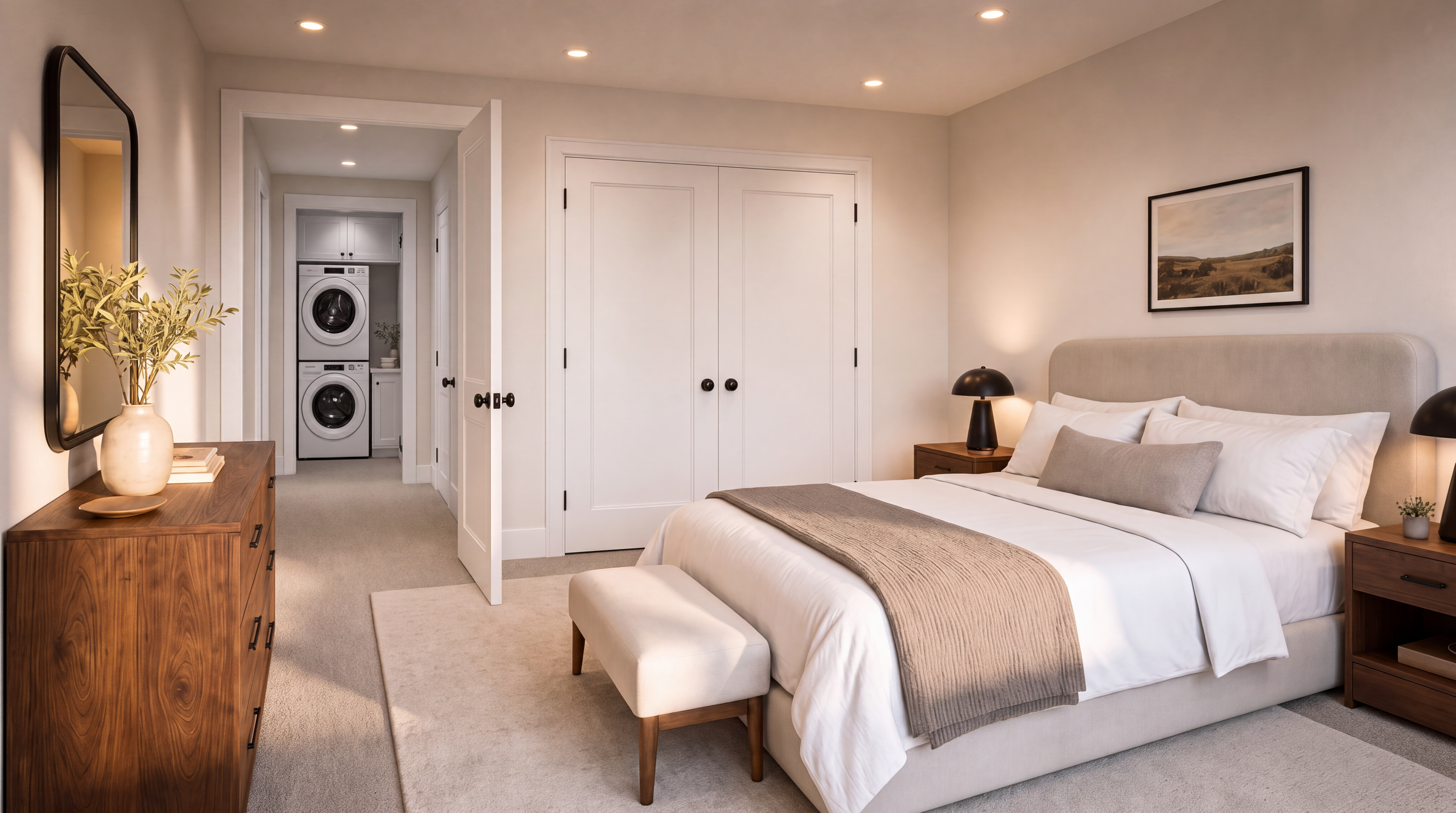This primary bedroom features a clean, neutral color palette with soft lighting and contemporary furnishings, including a plush upholstered bed and wood nightstands. The room flows seamlessly into an adjacent laundry area, highlighted by a stacked washer and dryer set. A decorative dresser and mirror add functional elegance, creating a serene and well-organized living space.