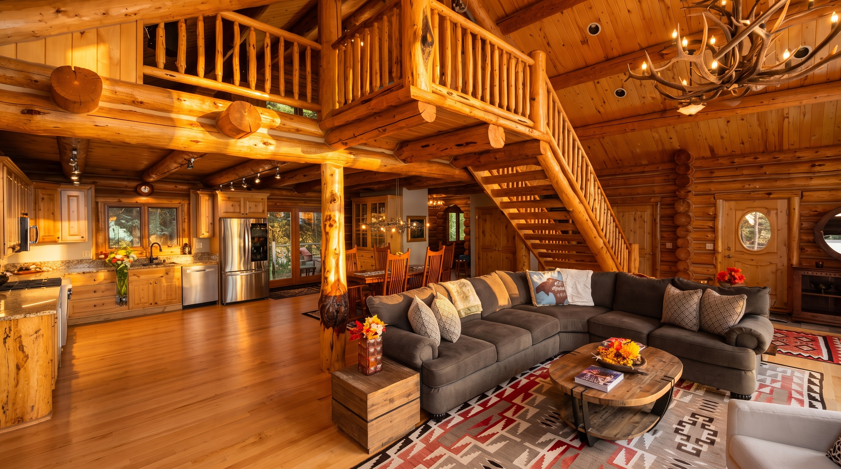 This open-concept living area showcases a rustic log cabin aesthetic with exposed timber beams, a vaulted ceiling, and a prominent antler chandelier. The space features a large, plush sectional sofa arranged around a circular wooden coffee table, set atop a patterned area rug that complements the warm wood tones. A staircase with log railings leads to an upper loft, while a kitchen with a breakfast bar and light wood cabinetry is visible in the background, creating a cohesive and inviting mountain retreat atmosphere.