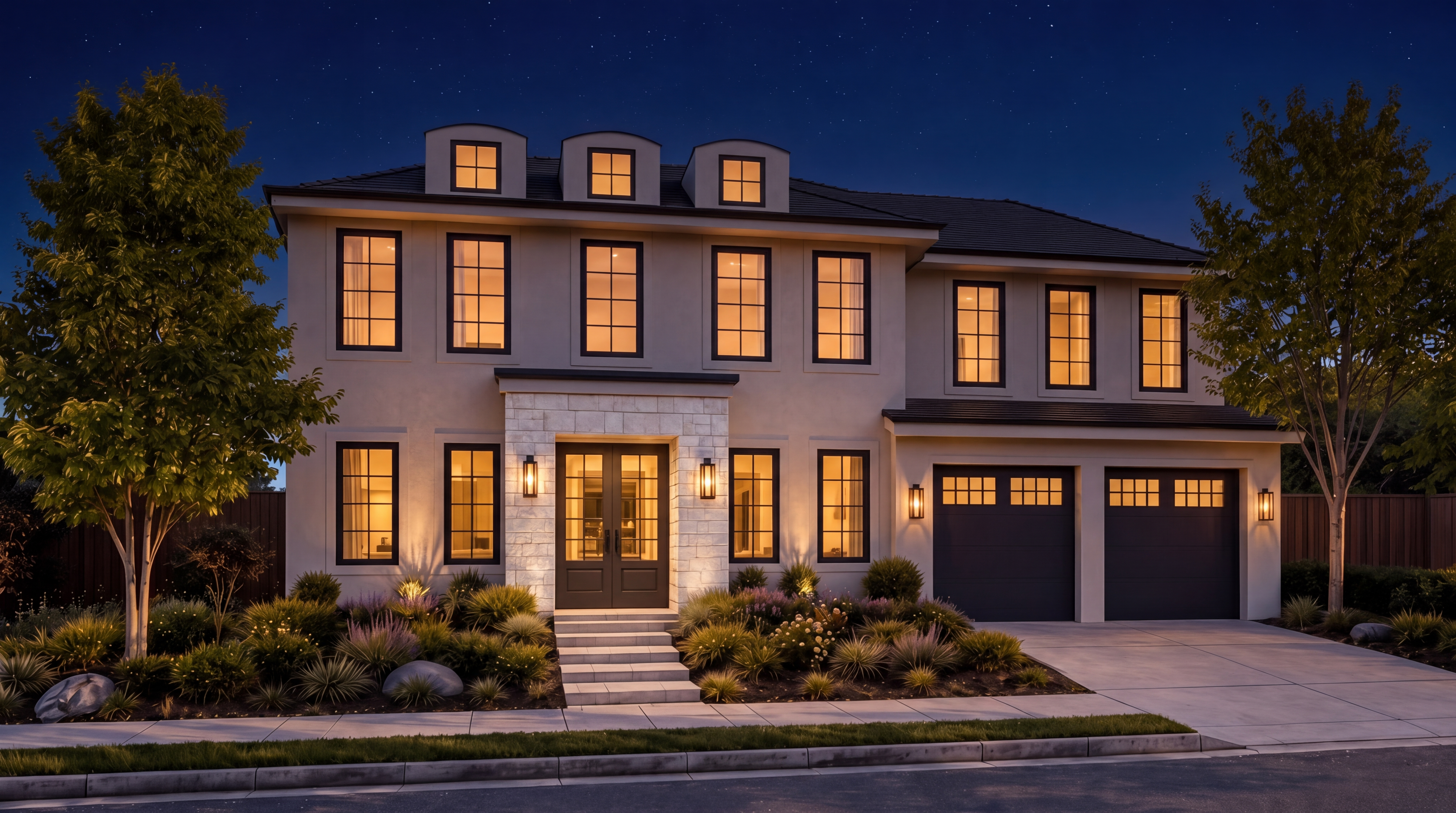 This is a striking two-story luxury residence captured at dusk, showcasing a balanced and symmetrical architectural design with modern clean lines. The facade features a soft-toned stucco exterior accented by a stone entryway, dark-framed windows, and a matching two-car garage. Beautifully lit by warm ambient lighting, the home is complemented by professional landscaping and mature trees, creating a welcoming and sophisticated street presence.