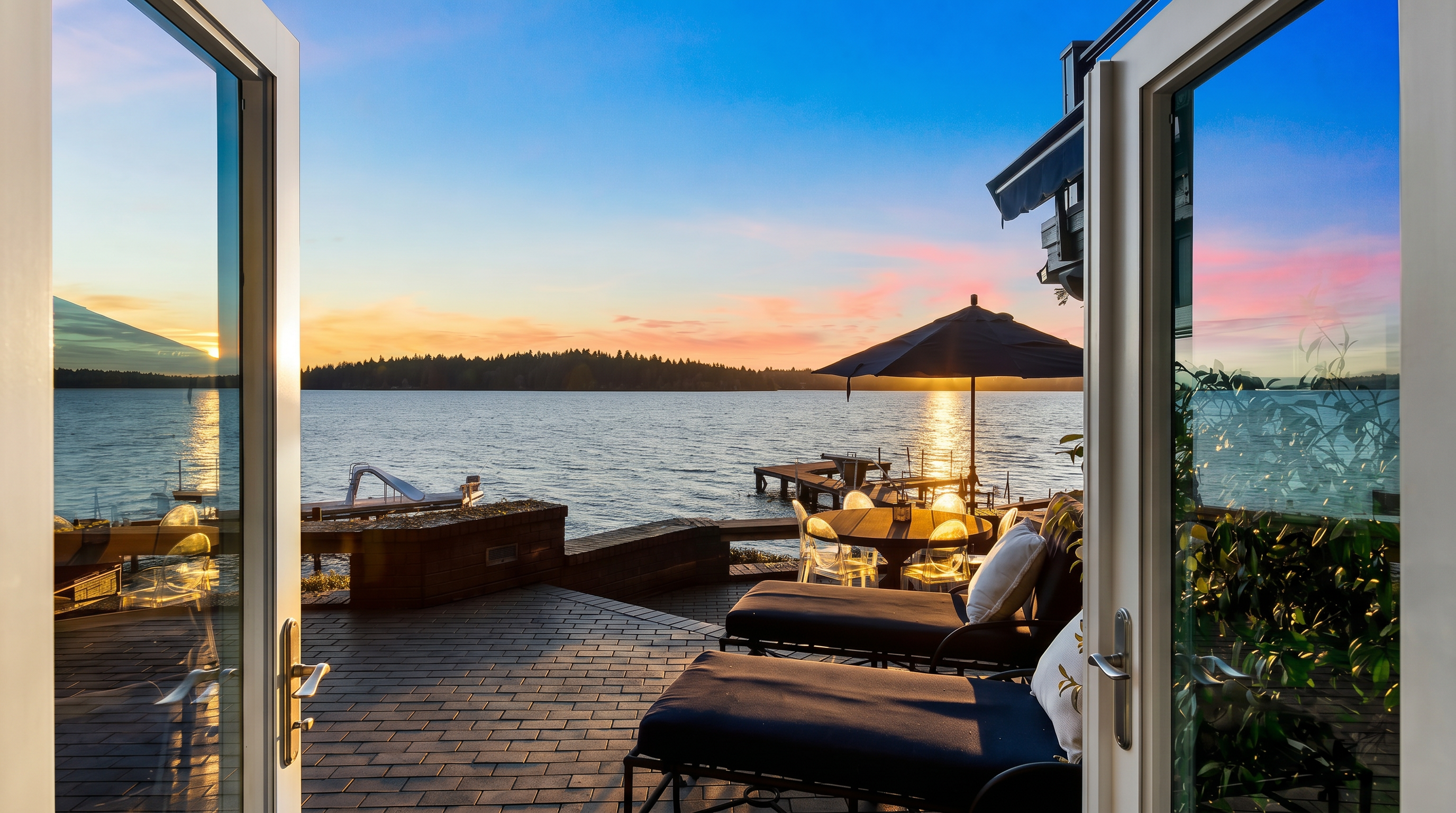 This stunning view from an open doorway captures a luxurious brick-paved patio overlooking a serene lake at sunset. The scene features comfortable lounge chairs, a dining set with an umbrella, and a private dock, all framed by the warm, golden glow of the setting sun. The perspective creates an inviting transition from the interior living space to a peaceful, high-end outdoor retreat.