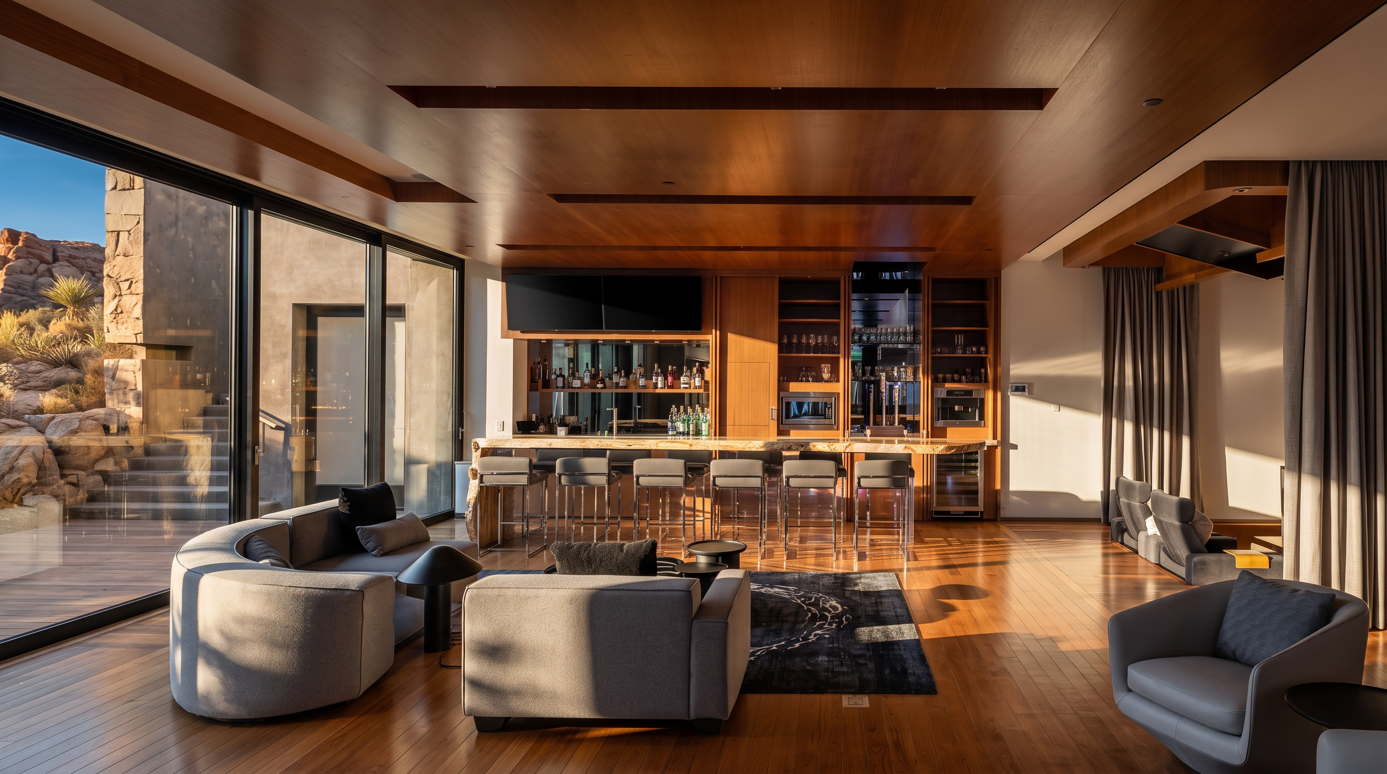 This expansive, modern entertainment space features a large bar area with a live-edge wood counter, multiple stools, and integrated shelving with glass displays. A comfortable seating area with a curved sofa and a pool table occupies the foreground, while large glass doors provide a view of an outdoor staircase. The room is defined by its rich wood-paneled ceiling and warm, polished wood flooring, creating a sophisticated and inviting atmosphere for social gatherings.