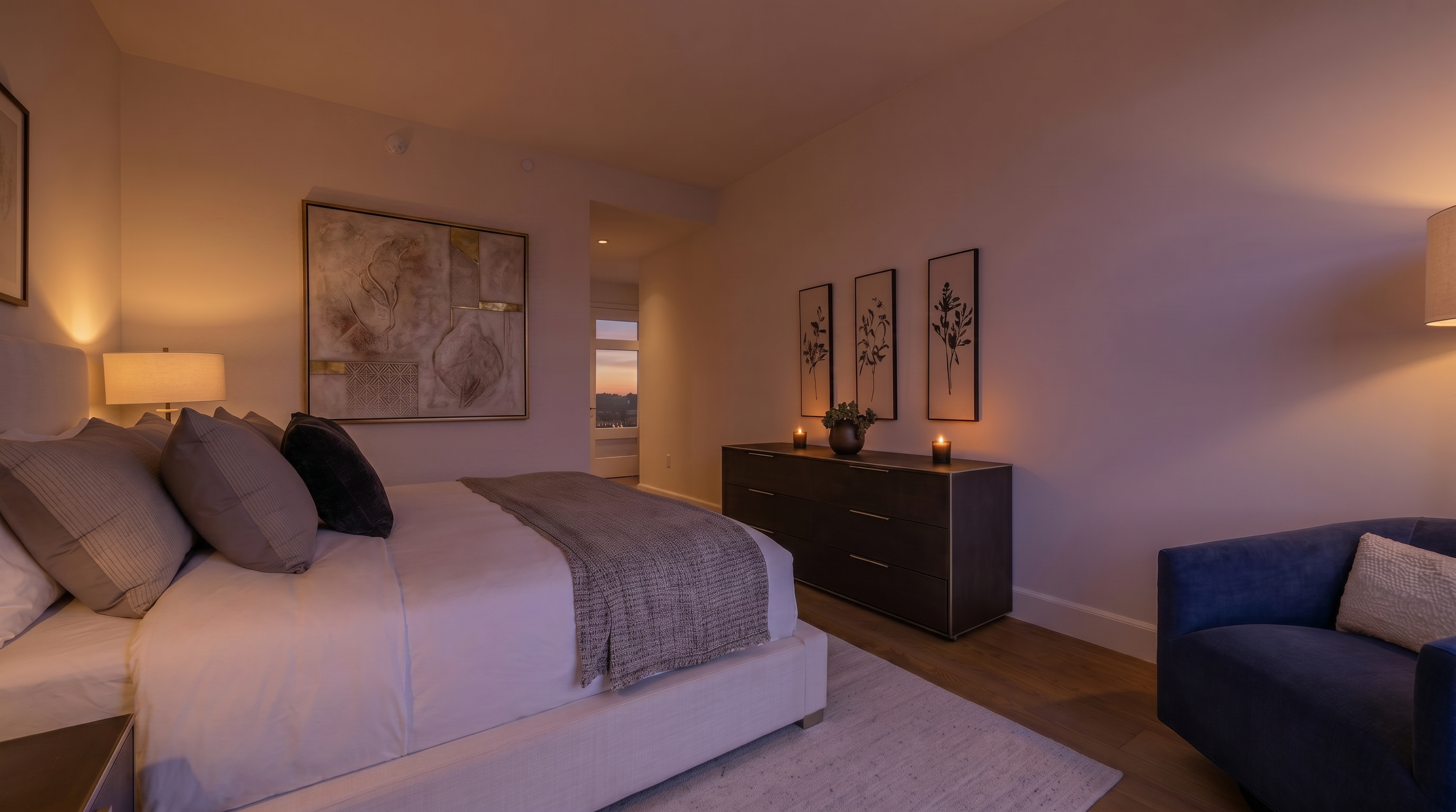 This primary bedroom features a modern, clean design with neutral tones and a plush bed layered with textures. The space is accented by a sophisticated dark dresser topped with botanical art prints and a cozy blue armchair corner. Natural light fills the room, highlighting the warm wood flooring and creating an inviting, tranquil atmosphere.
