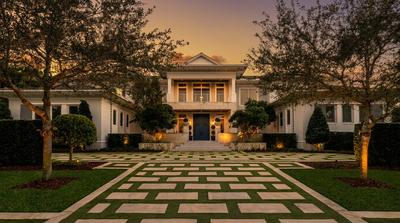 This grand estate features a symmetrical, colonial-inspired architectural design with a prominent central entryway and a second-story balcony. The property is approached by a striking geometric paver driveway set into a lush green lawn, framed by mature trees and manicured landscaping. The warm evening lighting highlights the home's facade, creating an inviting and sophisticated atmosphere.