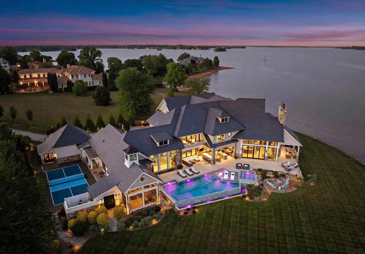 This stunning aerial perspective captures a sprawling luxury waterfront estate at dusk, showcasing a multi-level residence with a dark shingled roof and stone accents. The property features an expansive outdoor living area complete with a custom pool, a spa, a pickleball court, and a covered patio, all overlooking a serene lake. The twilight sky provides a dramatic backdrop, highlighting the warm glow of the home's interior and exterior lighting.