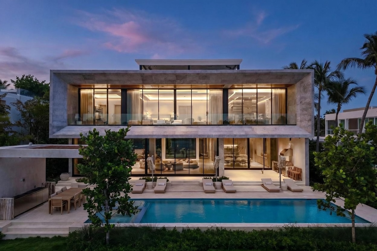 This stunning contemporary residence features a symmetrical, modern design with expansive glass walls that blur the line between indoor and outdoor living. The rear exterior showcases a large swimming pool, a stone-paved deck with multiple lounge chairs, and an outdoor dining area under a covered patio. The structure is defined by clean, horizontal lines and a sophisticated, minimalist aesthetic set against a twilight sky.