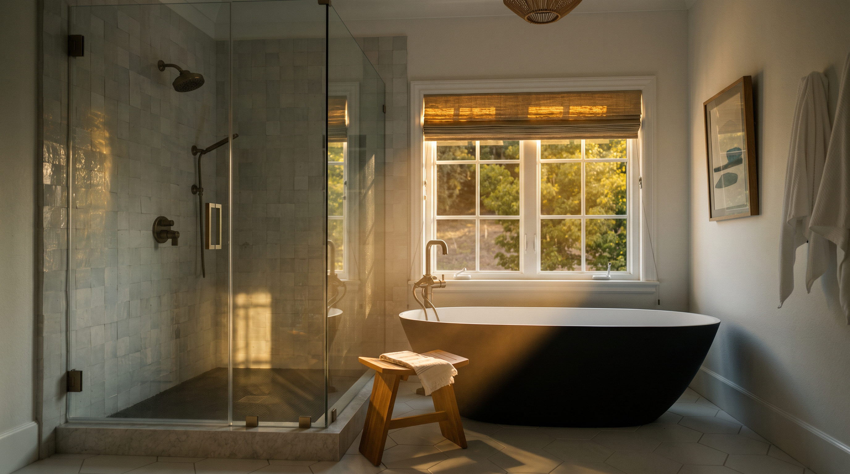 This bright and airy primary bathroom features a striking black freestanding soaking tub positioned beneath a window with a woven shade. To the left, a spacious walk-in shower is enclosed by glass panels and finished with light-colored square tiles and a dark-tiled floor. A small wooden stool with a towel sits between the shower and the tub, while a woven pendant light fixture adds a touch of texture to the clean, white-walled space.