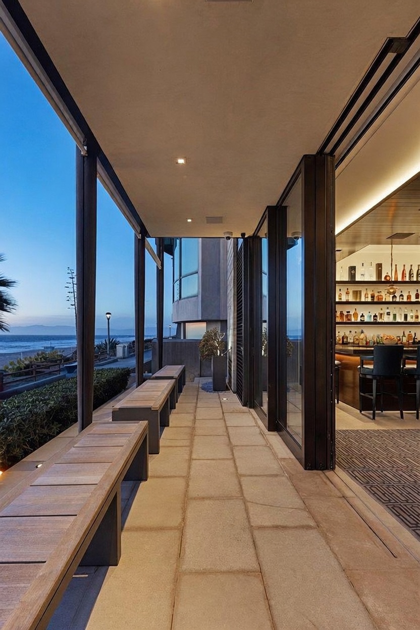 This sleek, modern outdoor patio offers a seamless transition from an indoor bar area to a scenic beachfront view. The space features a series of wooden benches lining the edge of the stone-paved terrace, which is sheltered by a deep, recessed ceiling. Large glass panels slide open to reveal a well-stocked bar inside, creating an ideal setting for evening entertaining against the backdrop of the ocean at dusk.