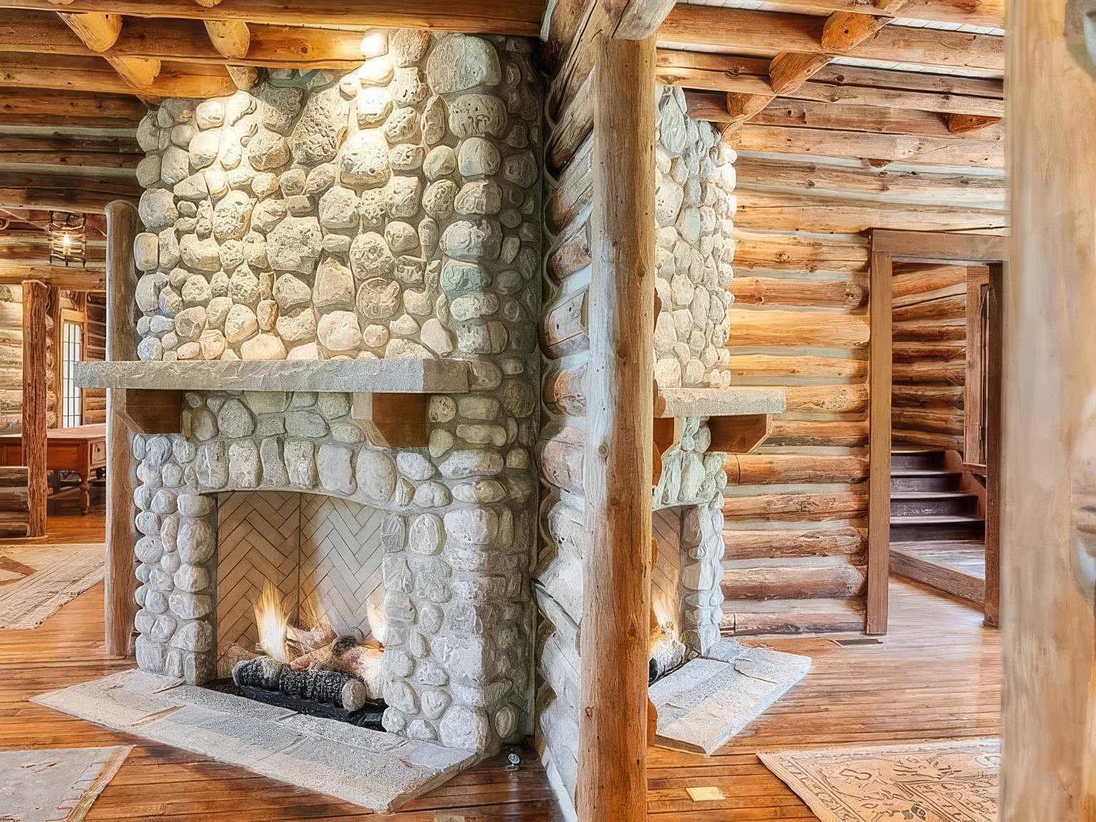 This rustic living space features a prominent double-sided stone fireplace with a tall, rugged chimney breast that serves as a central architectural anchor. The room is constructed with exposed log walls and heavy timber ceiling beams, creating a warm, cabin-like atmosphere. A stone hearth extends from the base of the fireplace, while a glimpse into the adjacent room reveals a wooden staircase and additional log wall detailing.