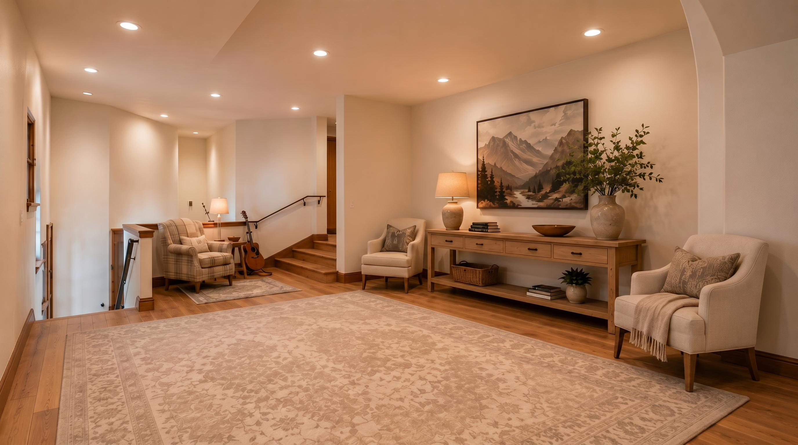 This spacious and inviting foyer or landing area features warm hardwood flooring, a large decorative area rug, and soft, recessed lighting. The space is elegantly furnished with comfortable armchairs at either end, a console table displaying organic decor and landscape art, and a guitar tucked near the stairwell. The neutral color palette and traditional decor create a welcoming and well-appointed transition area within the home.