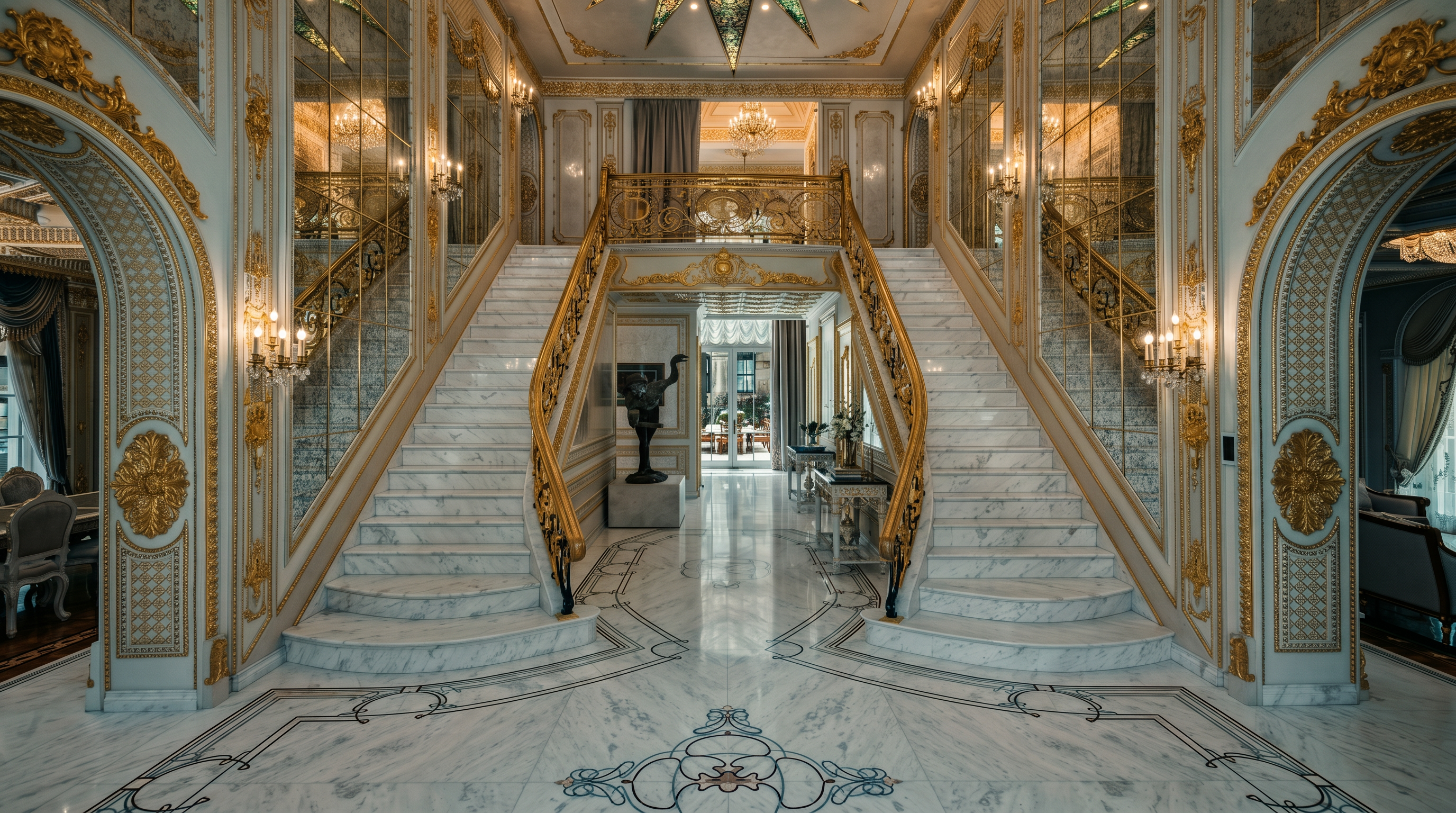 This grand foyer features a dramatic double staircase with ornate gold railings and white marble steps, creating a luxurious and symmetrical focal point. The space is adorned with intricate gold molding, mirrored wall panels, and a striking star-shaped stained-glass ceiling fixture. The polished marble flooring with inlaid patterns and a central sculpture enhance the opulent, palatial aesthetic of this entryway.