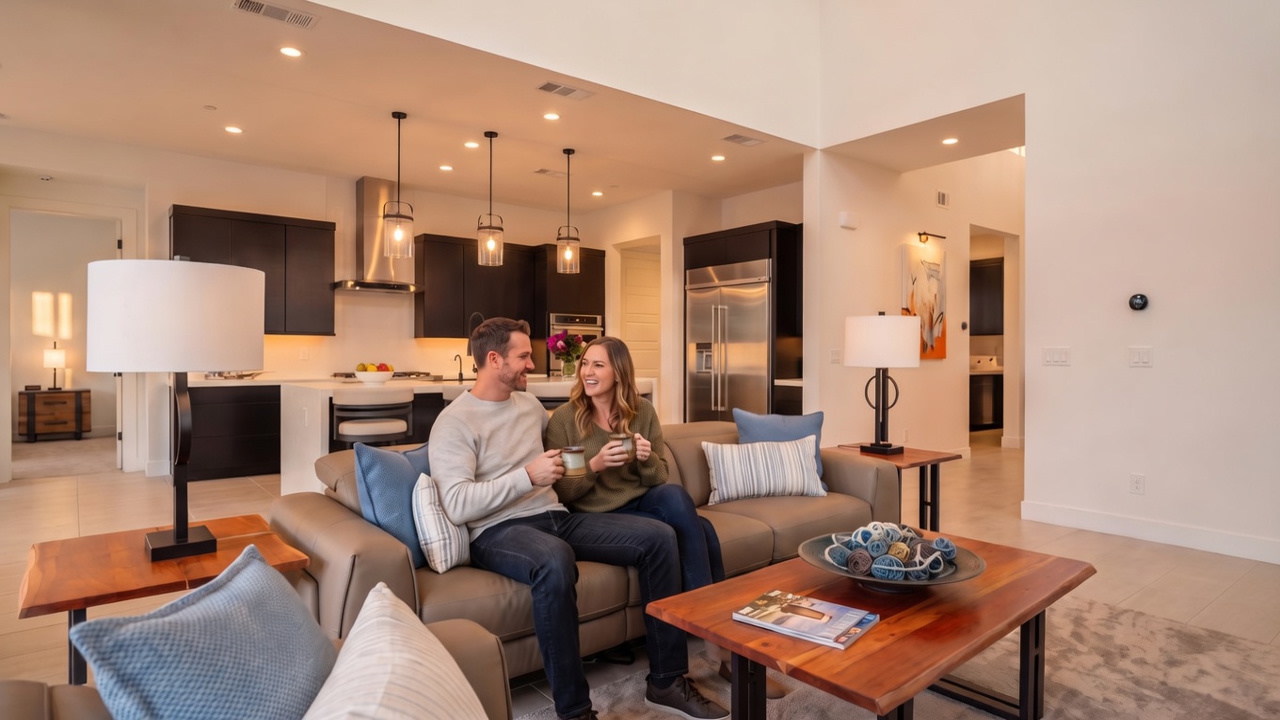 This spacious, open-concept living area features a high-ceiling design with a mezzanine level overlooking the main floor. The room is anchored by a large, neutral-toned sectional sofa and a matching armchair, arranged around a geometric-patterned area rug and a natural wood coffee table. A modern staircase with metal railings leads to the upper level, while the adjacent kitchen area is visible in the background, complete with dark cabinetry and a central island.