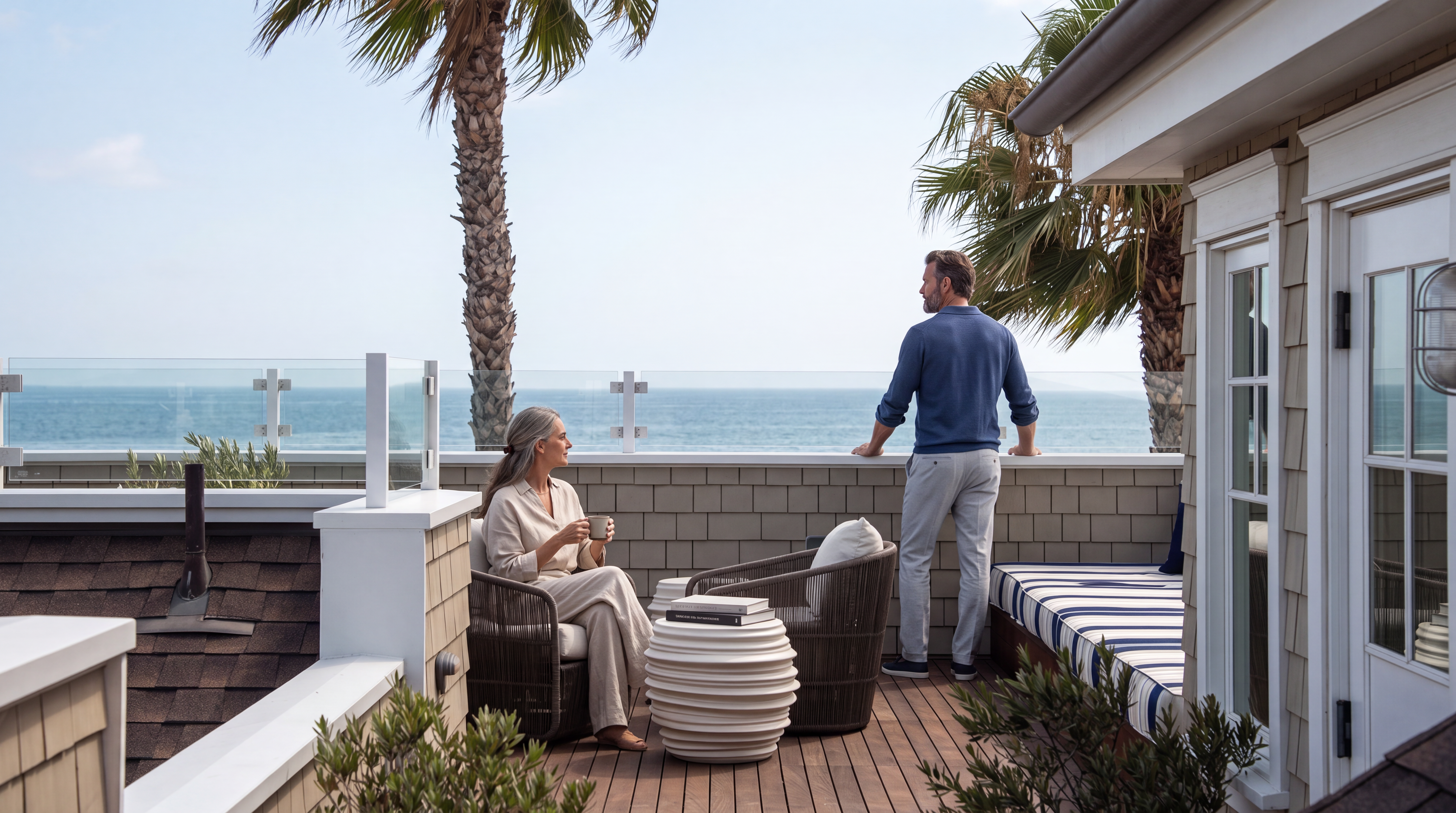 This elevated deck offers a serene outdoor living space with panoramic ocean views, framed by glass railings and lush palm trees. The area features comfortable lounge seating, a textured side table, and a built-in bench with striped cushions, all set against a backdrop of shingle-style siding. The perspective captures the inviting atmosphere of a coastal retreat, perfect for relaxation and enjoying the sea breeze.